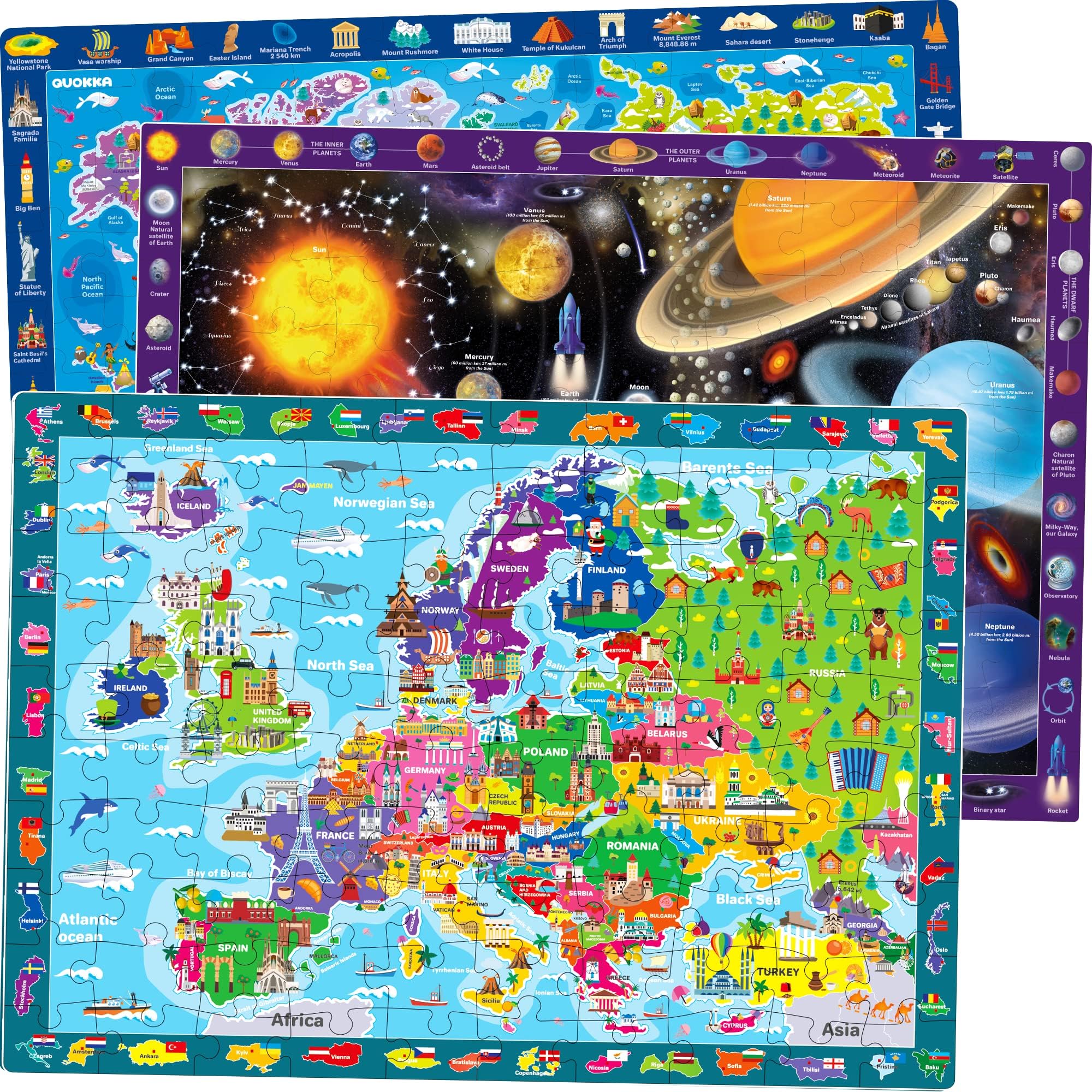 QUOKKA Jigsaw Puzzles for Kids 3 4 Year Olds - 3x100 Piece Puzzles for Children - Learning World Map of Europe and Space - Educational Jigsaw Toys for 5 8 Year Olds - Game Gift For Boys and Girls