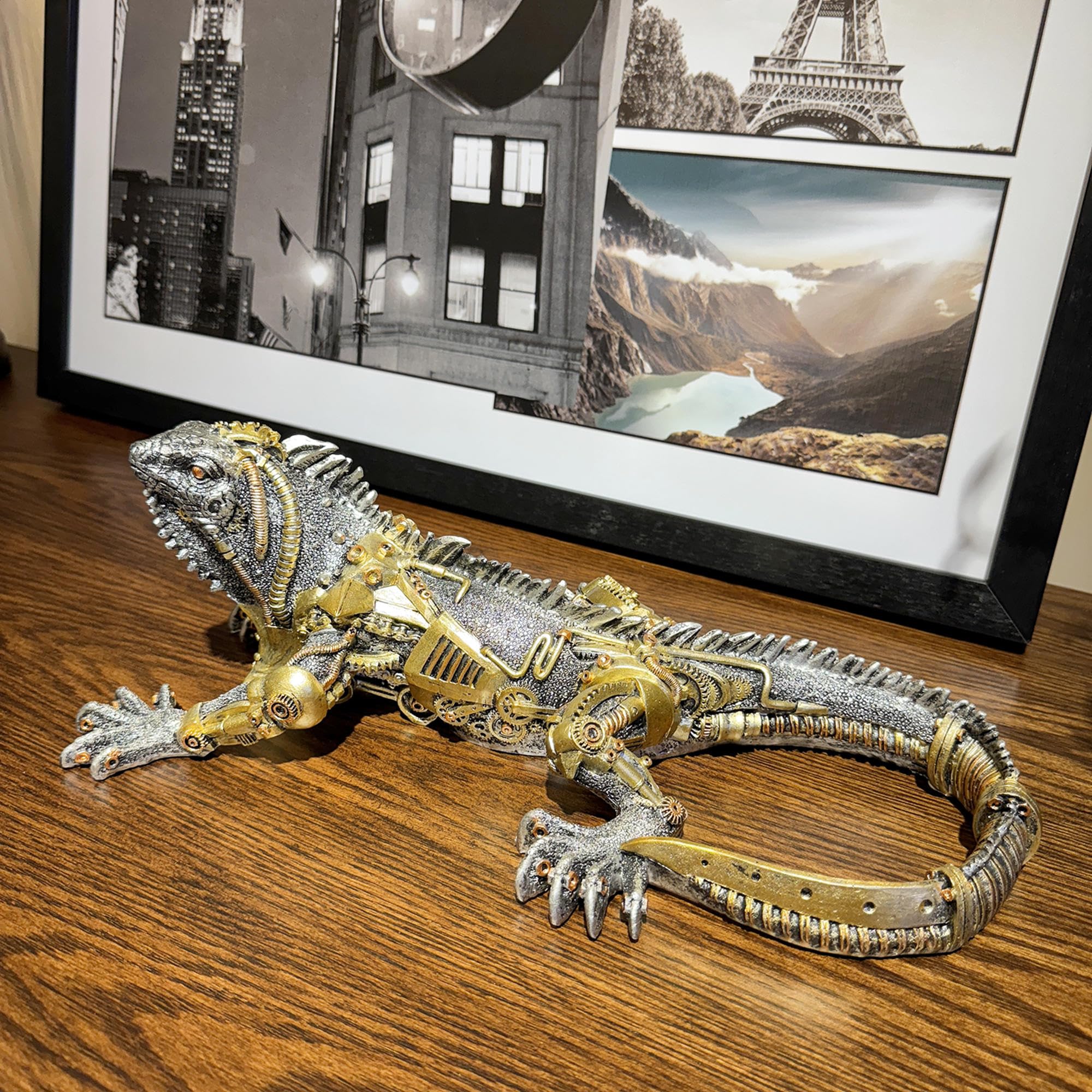 OUTOUR Steampunk Grüne Leguan-Statue aus Kunstharz, Cyborg, Eidechse, Sci-Fi-Sammlerstück, handbemalt, Wandkunst mit Zahnrädern, Heimdekoration, Männerhöhle, Geschenk