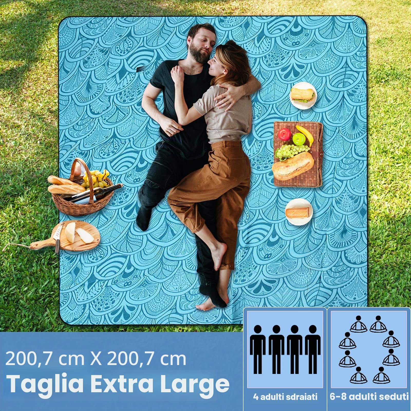 ZOMAKE Coperta Picnic Impermeabile 200x200,Pieghevole Telo da Picnic Tappeto Plaid Pic Nic Portatile con Manico - Stuoia Picnic Blanket Ideale per Esterno Campeggio Giardino Prato Spiaggia