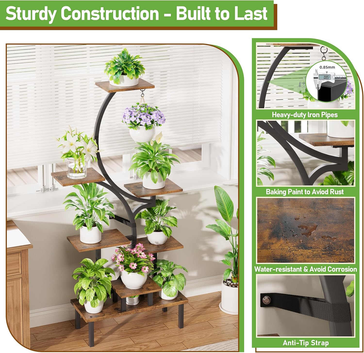 Plant Stand Indoor with Grow Lights - 7-Tier Indoor Plant Shelf with Elevated Base & Hanging Hook, 63" Corner Plants Stands for Multiple Plant Sizes, Multi-Tiered Lighted Rack for Living Room, Black