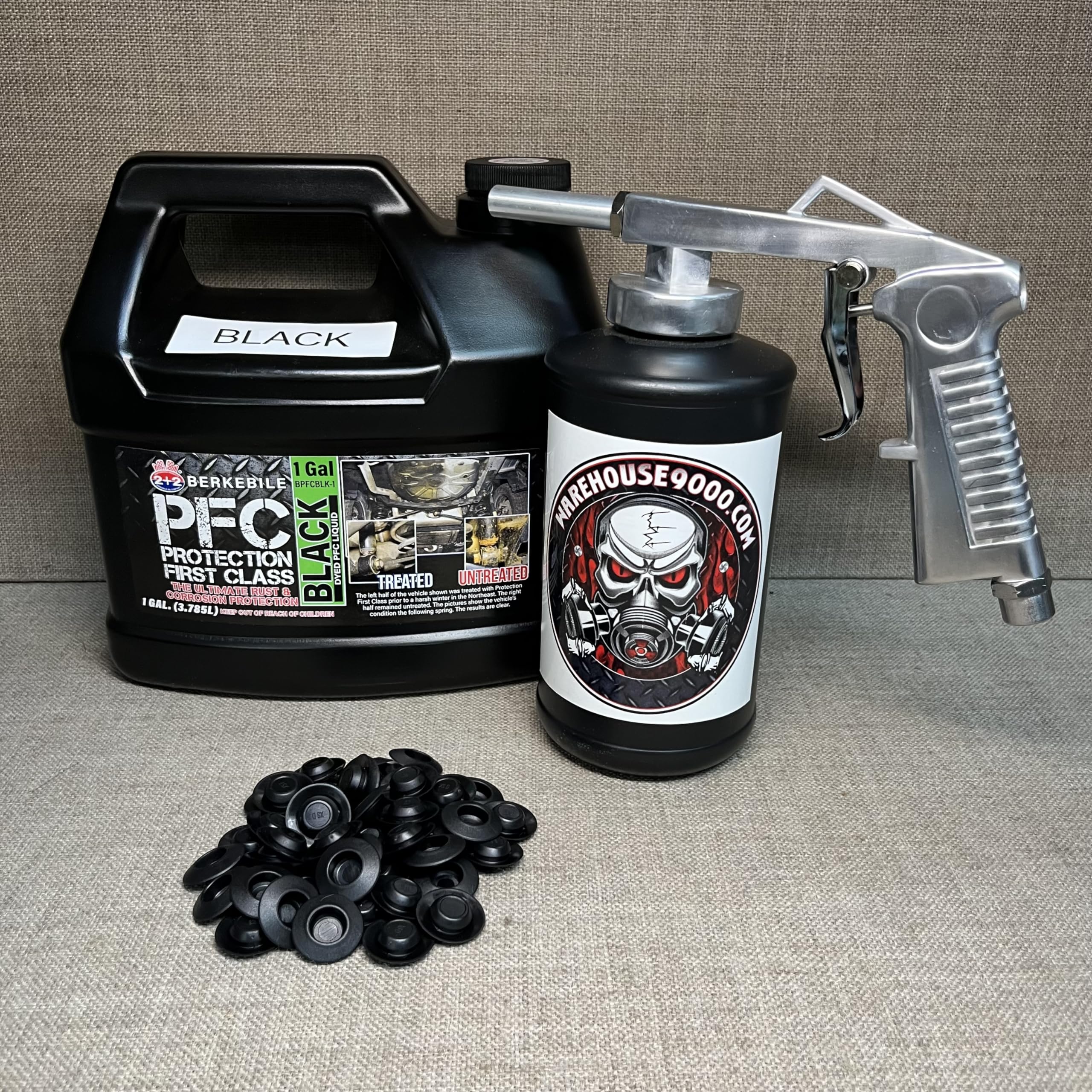 Gallon PFC Black, Standard Economy Undercoating Spray Gun, 1 Black Quart Bottle, and 50 Rust Plugs