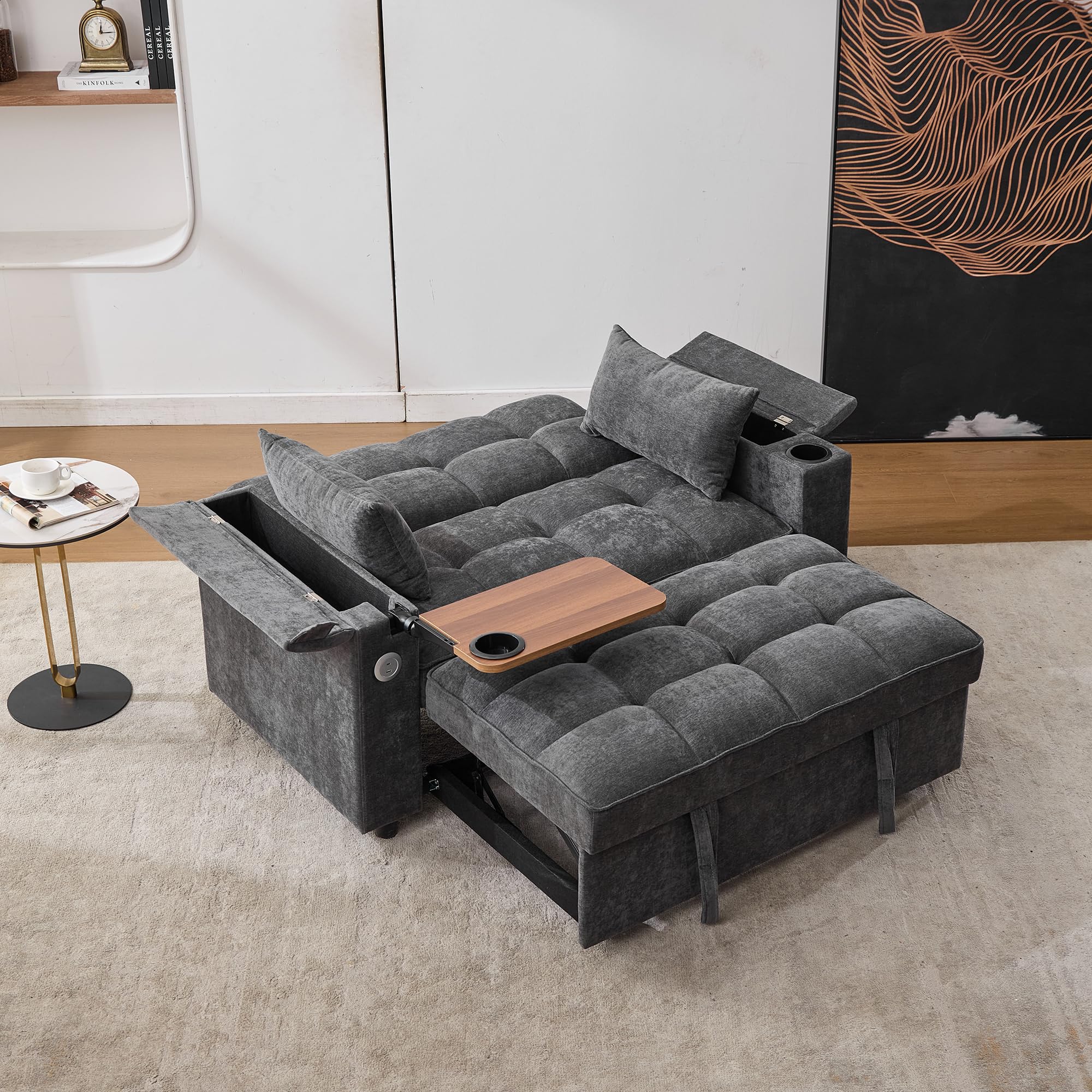 Merax Schlafsofa 3-in-1 Ausziehsofa 140x74x82 cm, 2-Sitzer Sofa mit Schlaffunktion, verstellbare Rückenlehne, USB & Typ-C, Daybed mit Getränkehalter und Stauraum, Ausziehbares Loungesofa Grau