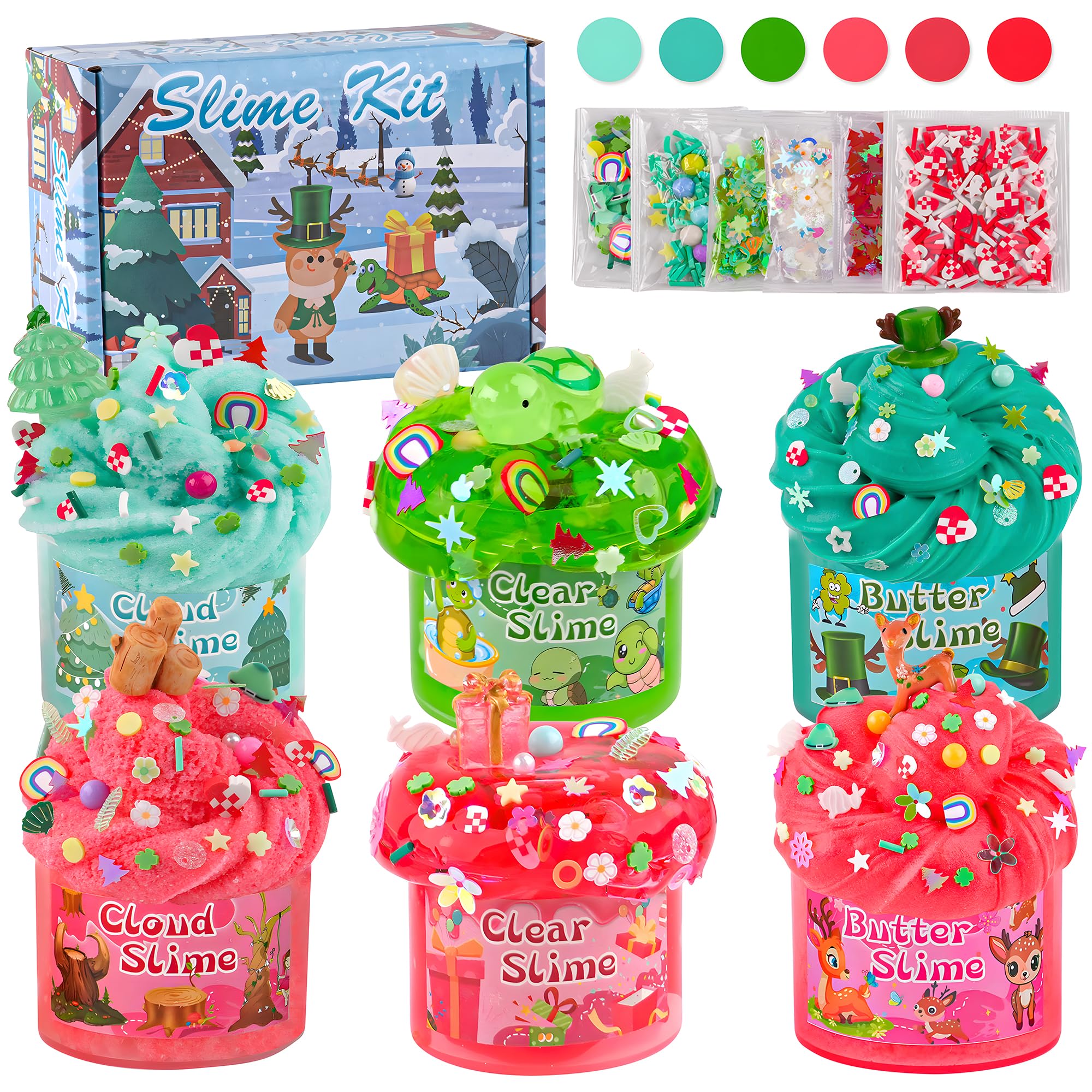 6 Packs Red Green Slime Kit - Cloud Slime, Butter Slime & Clear Slime, Glow in The Dark Slime Add-ins with Glowing Charms & Slices, Slime Kits for Girls & Boys Slime Party Bag Fillers Slime Making Kit