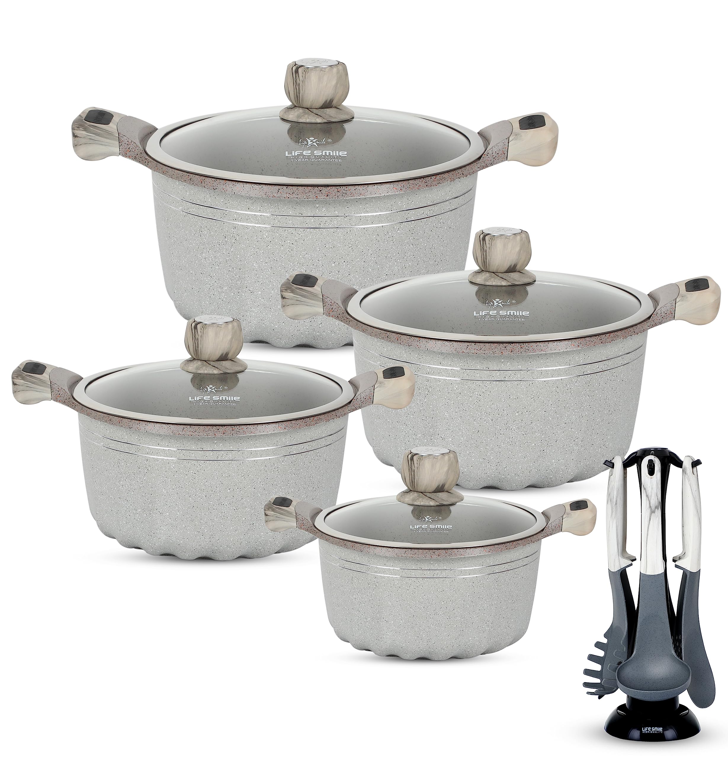 LIFE SMILE Cookware Set Multi Layer Non-Stick Granite Coating - 100% PFOA Free - Induction Base Pots and Pans Set with Lid -Oven Safe Kitchen Set (Light Gray, 15 Pieces)