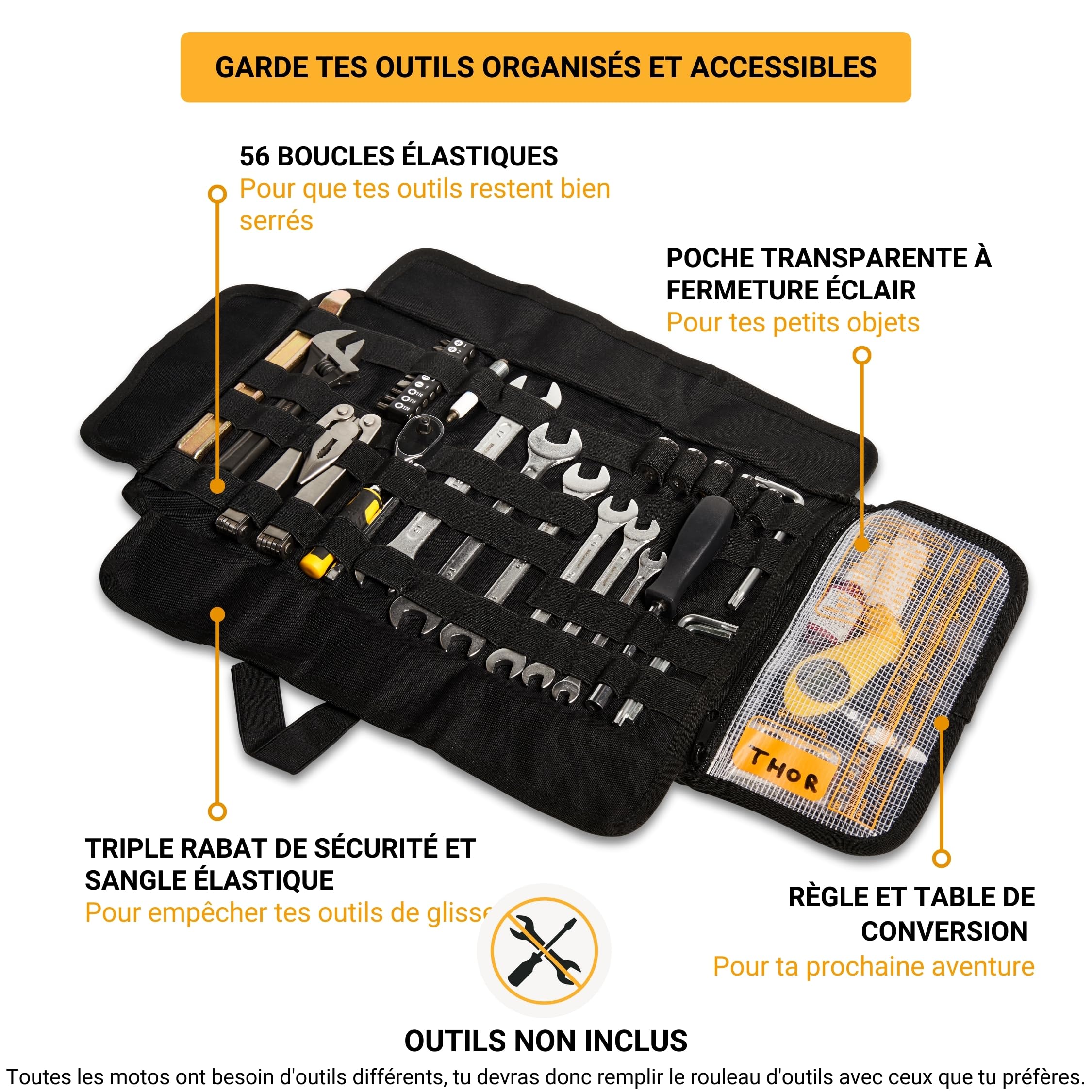 Odinsberg Sac à Outils Moto Enroulable - Outils NON inclus - Sacoche avec 56 élastiques, poche, système MOLLE et double fermeture pour protéger et organiser la trousse à outils