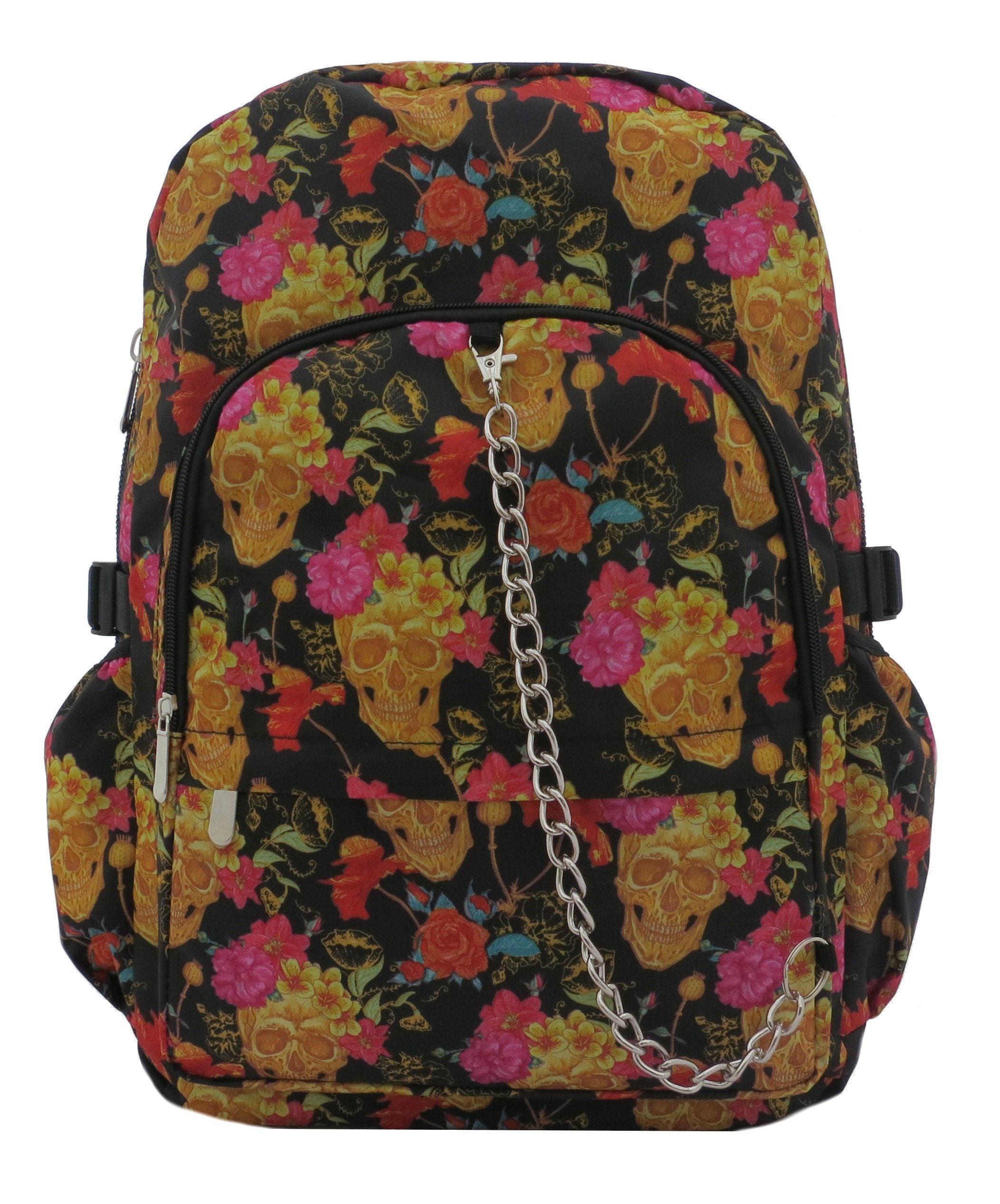Biggibagga Unisex Gold Pink Gold Sugarskull Pink Flower Tattoo Backpack Rucksack | School College Travel Goth Skull Bag