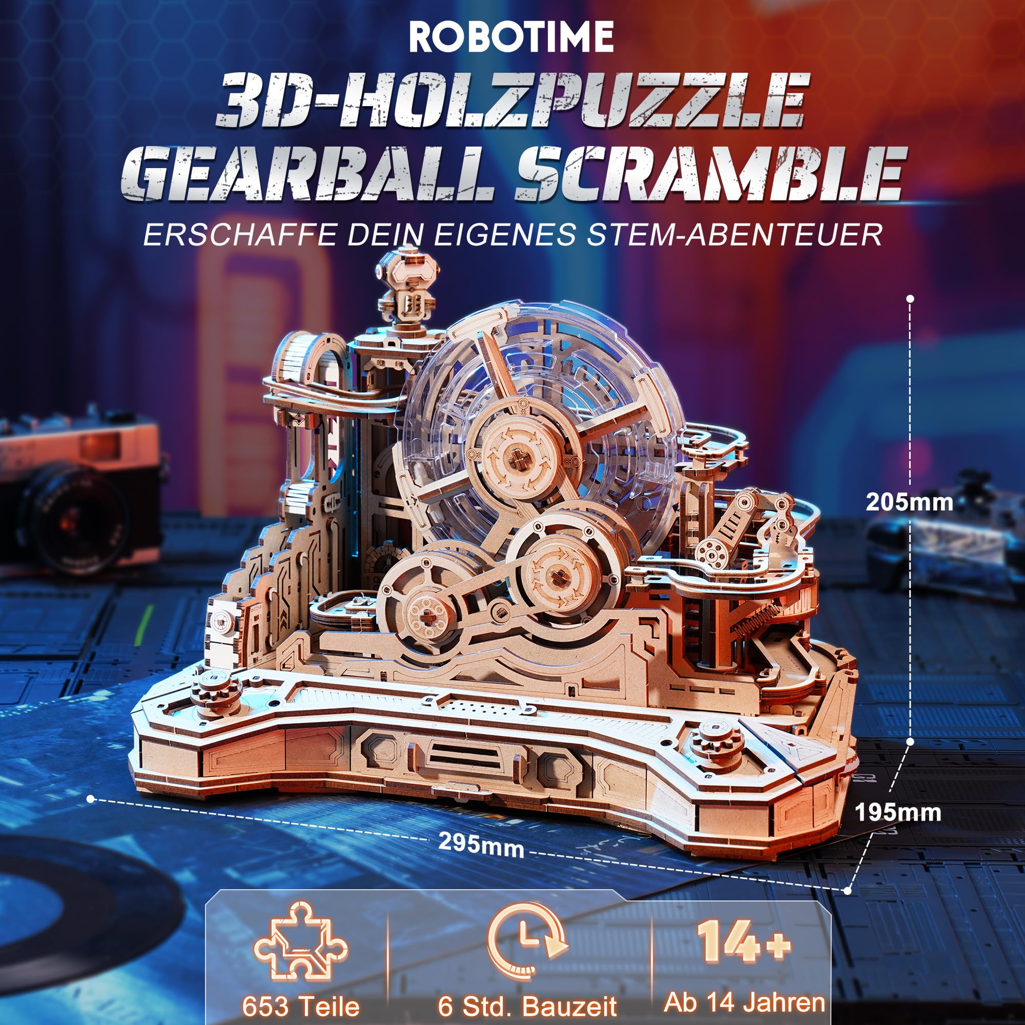 ROBOTIME 3D-Puzzle aus Holz Gear Ball Challenge – Mechanisches Labyrinth-Set, 653 Teile, STEM für Erwachsene und Jugendliche, Controller-Design, EGC01