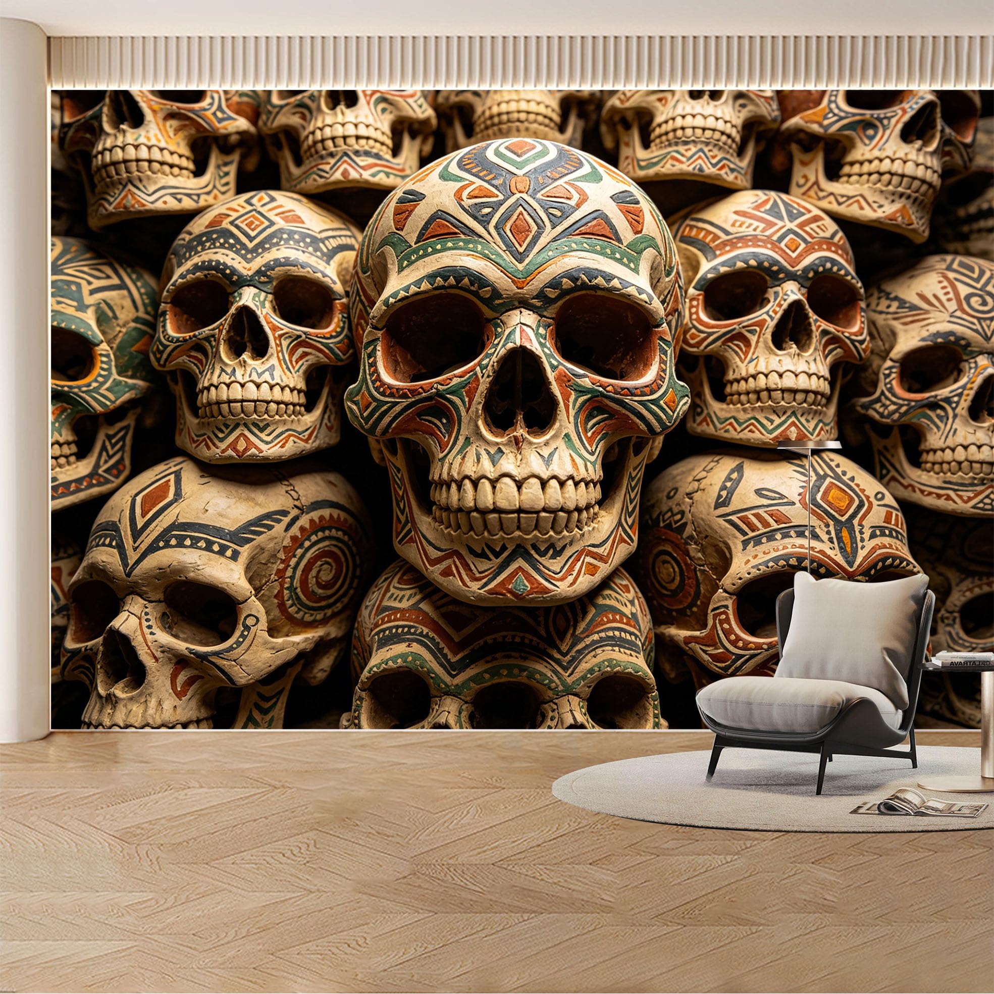 Custom Wall Mural Wallpaper Tribal Skull Pattern 3D Effect Modern Wall Decor Large Wall Art Vintage Boho Style Removable SelfAdhesive Large Photo for Living Room， Bedroom， Office