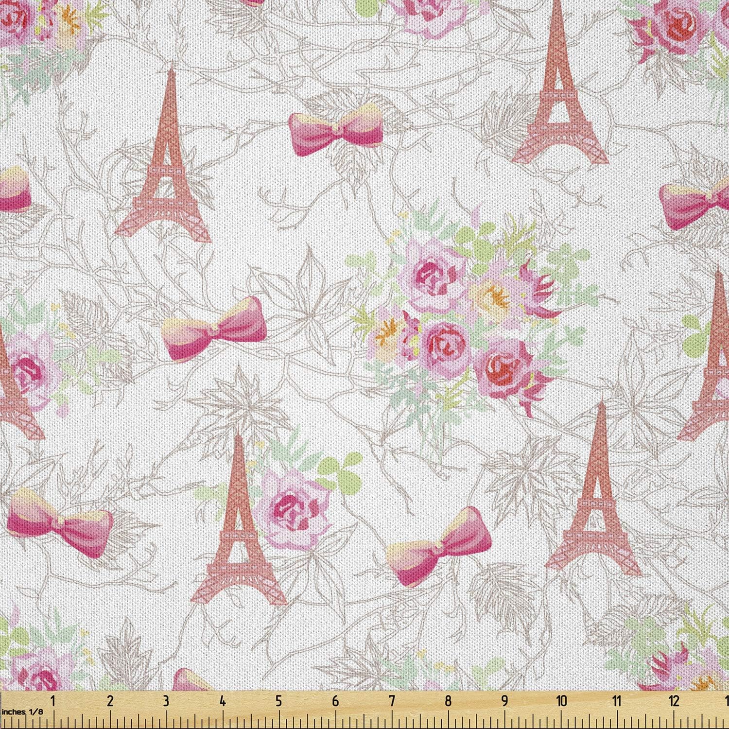 Lunarable Eiffel Tower Fabric by The Yard, Eiffel Towers French Bouquets Wedding Valentines Day Rose Peony Leaves, Microfiber Fabric for Arts and Crafts Textiles & Decor, 1 Yard, Coral Pink Green