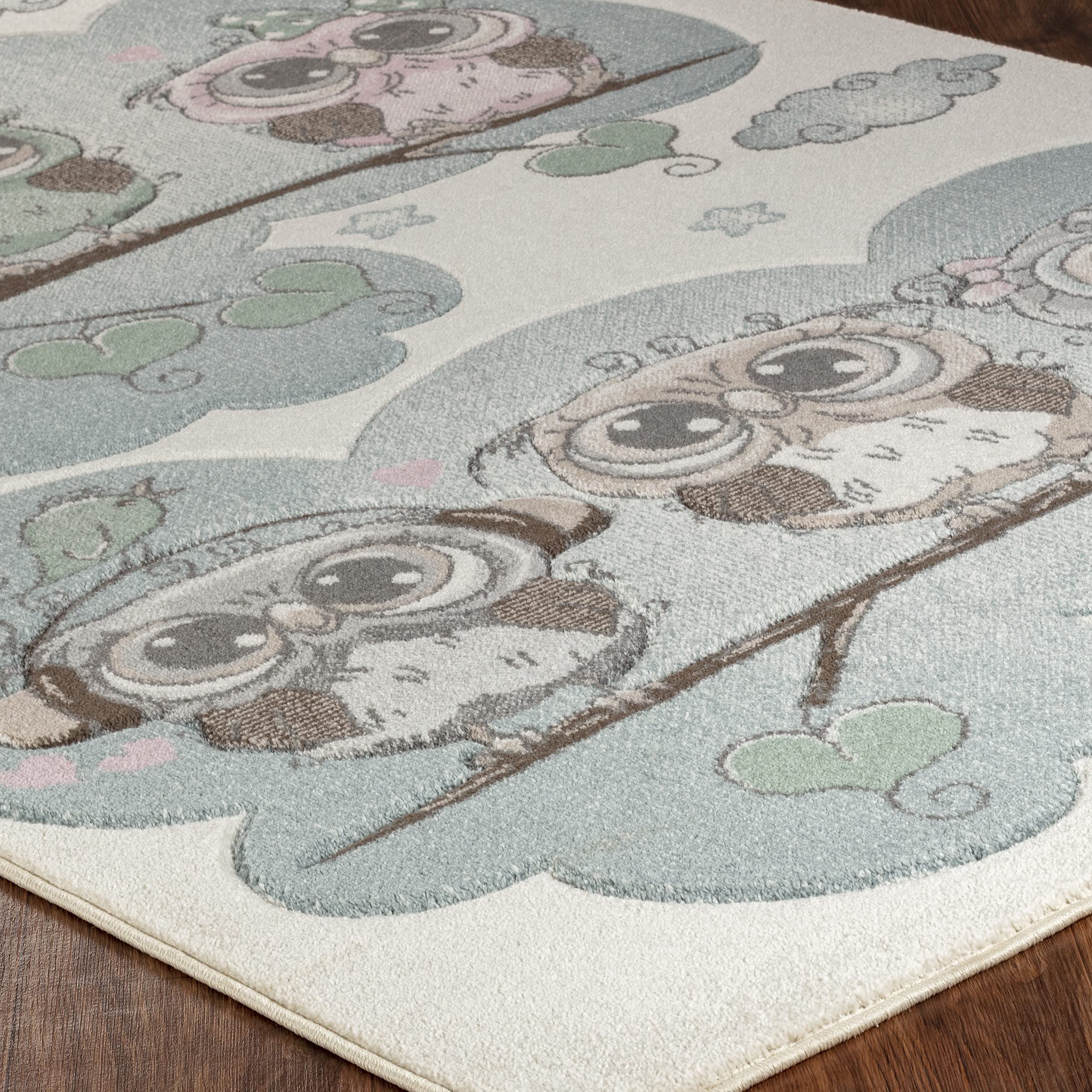Surya Livabliss Tapis pour Chambre à Coucher de Fille et garçon, Motif Chouettes, 80 x 150 cm, Beige, Bleu et Marron