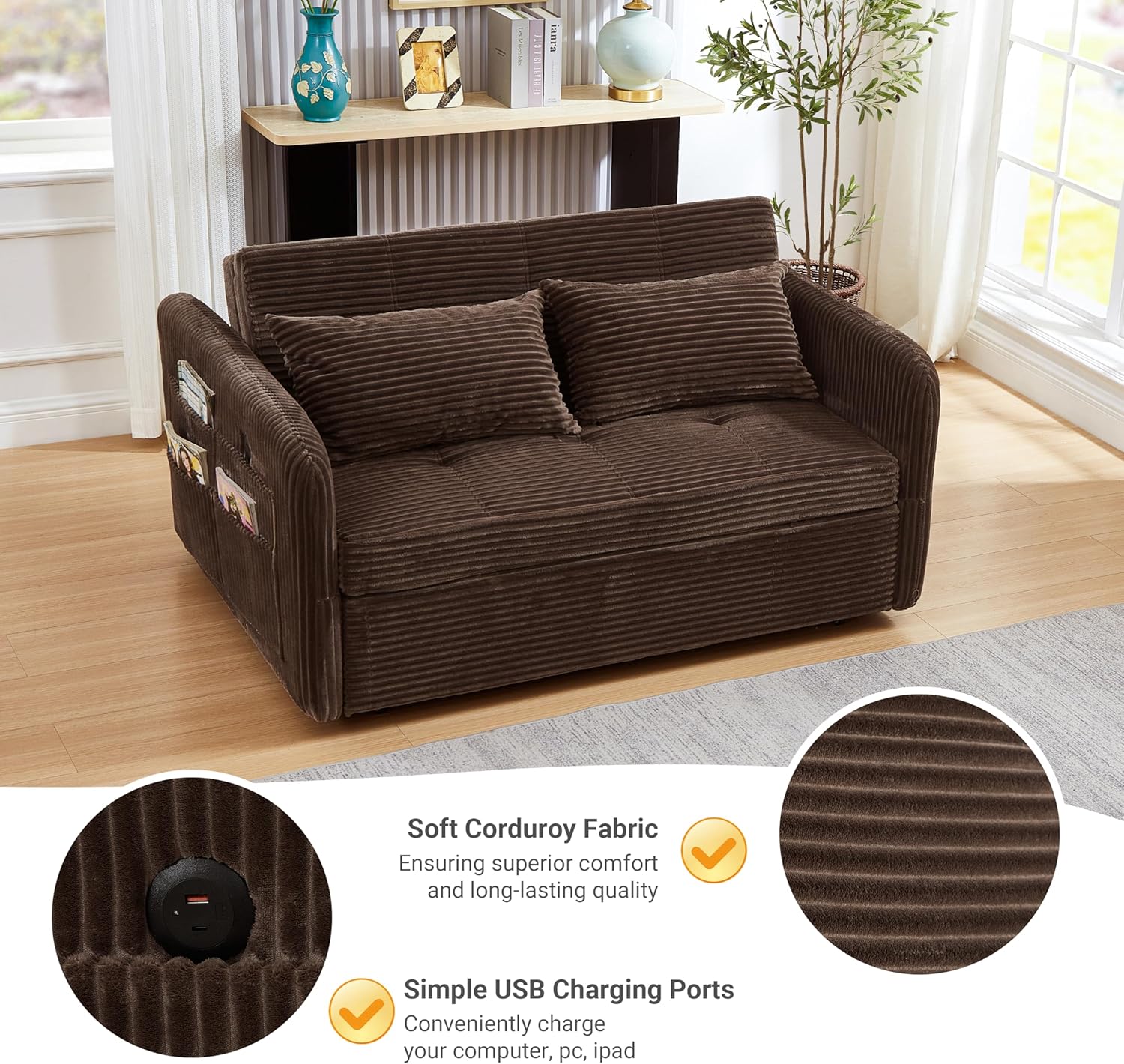 55.5" Corduroy Convertible Sofa Bed, Pull Out Sleeper Sofa Bed, Loveseat Couch with USB Charging Ports, 3 in 1 Convertible Sleeper Sofa Bed for Living Room, Apartment, Bedroom, RV, Beige