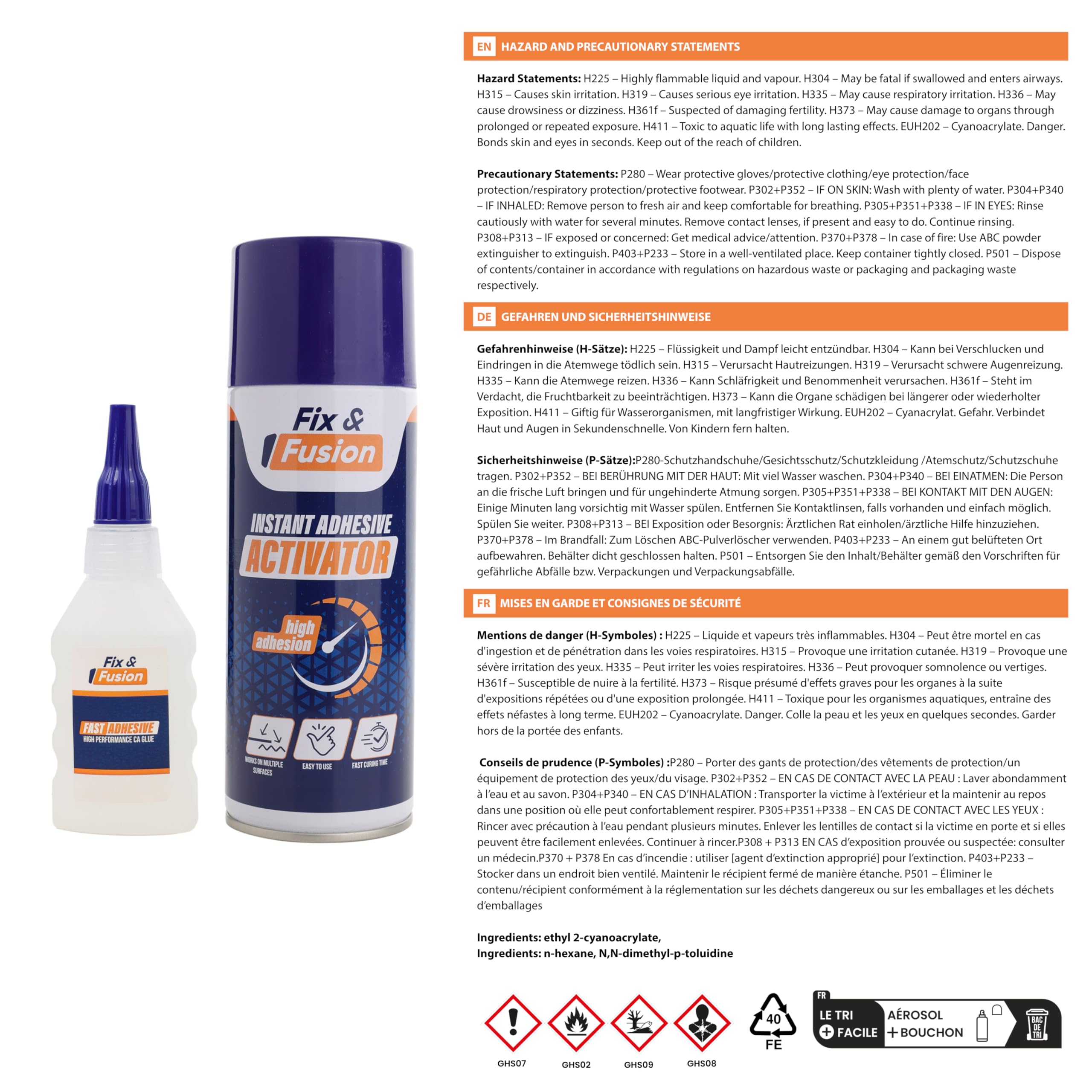 FIX & FUSION Set Colle Super Glue (100 g) et Activateur Spray (400 ml) | Adhésif Cyanoacrylate Rapide & Activateur Instantané pour Bois, Plastique, Caoutchouc, Métal & Bricolage, Réparations (12 Pack)
