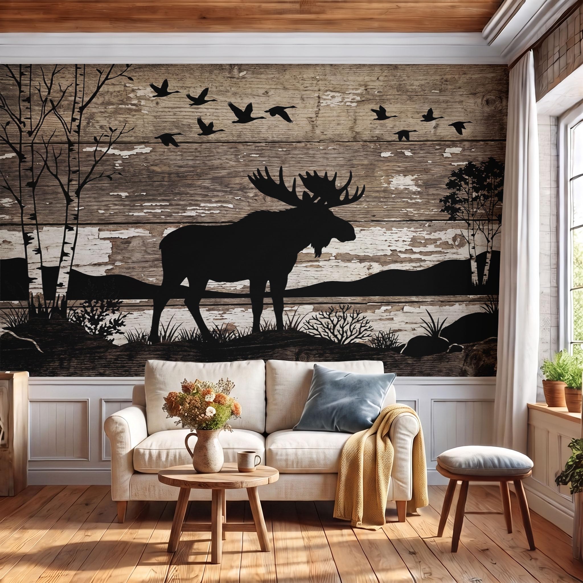 Carta Da Parati Effetto 3D country retrò 400x280cm Fotomurali seta, Silhouette della foresta alci Decorazione Poster Arte Murale Moderna per Casa Ufficio
