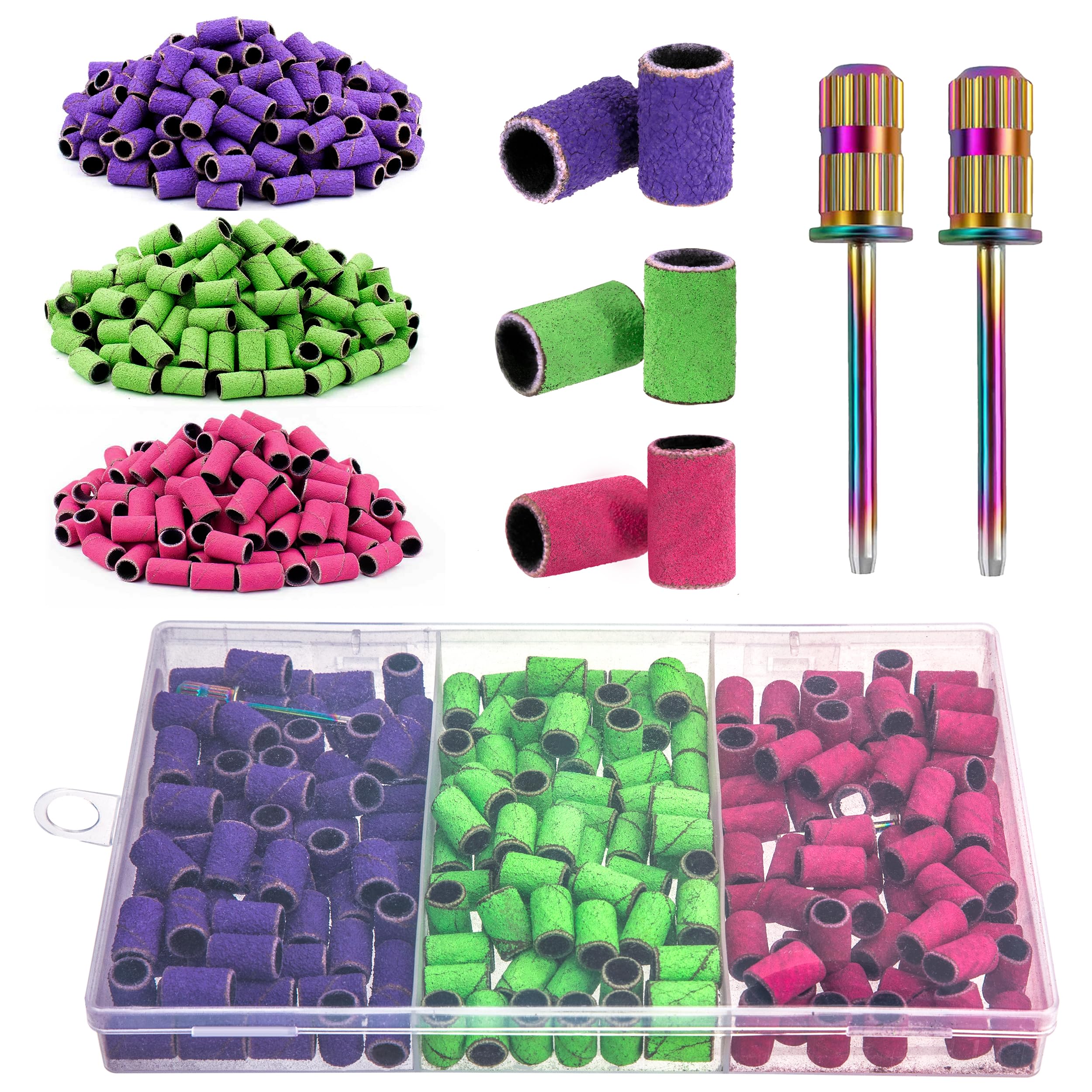 210 Pezzi Bande Abrasive per Punte a Mandrino 80/150/240 Manicotti Abrasive con 2 Punte per Unghie per Manicure e Pedicure