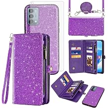 Asuwish Phone Case for OnePlus Nord N200 5G Zipper Wallet Cell Cover with Tempered Glass Screen Protector Lanyard Flip Card Holder One Plus N 200 G5 1 Plus 200N 1plus One+ 1+ N2005G 2021 Women Purple