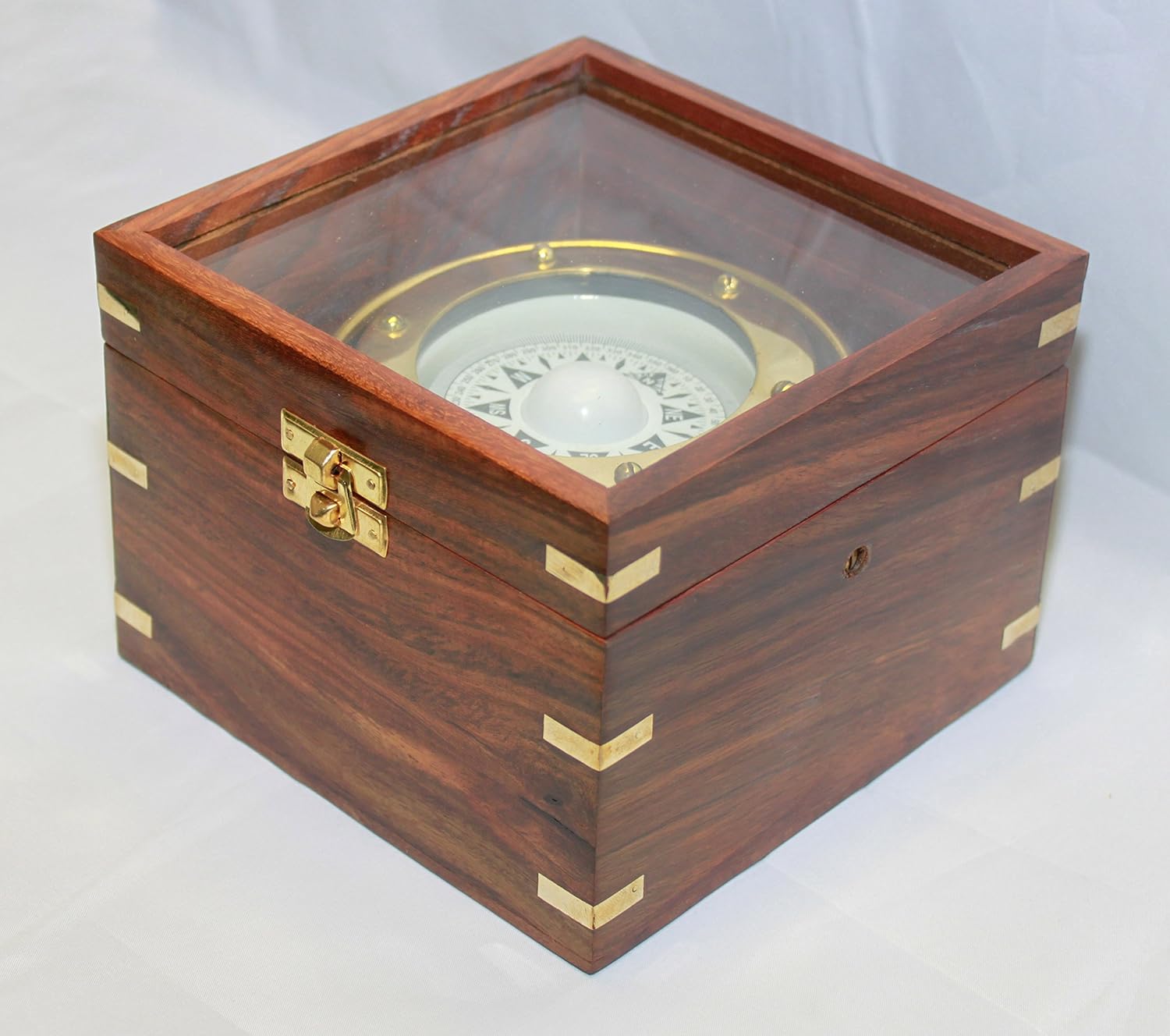 Gimbaled Brass Nautical Compass in Wood Box w/ Glass Top
