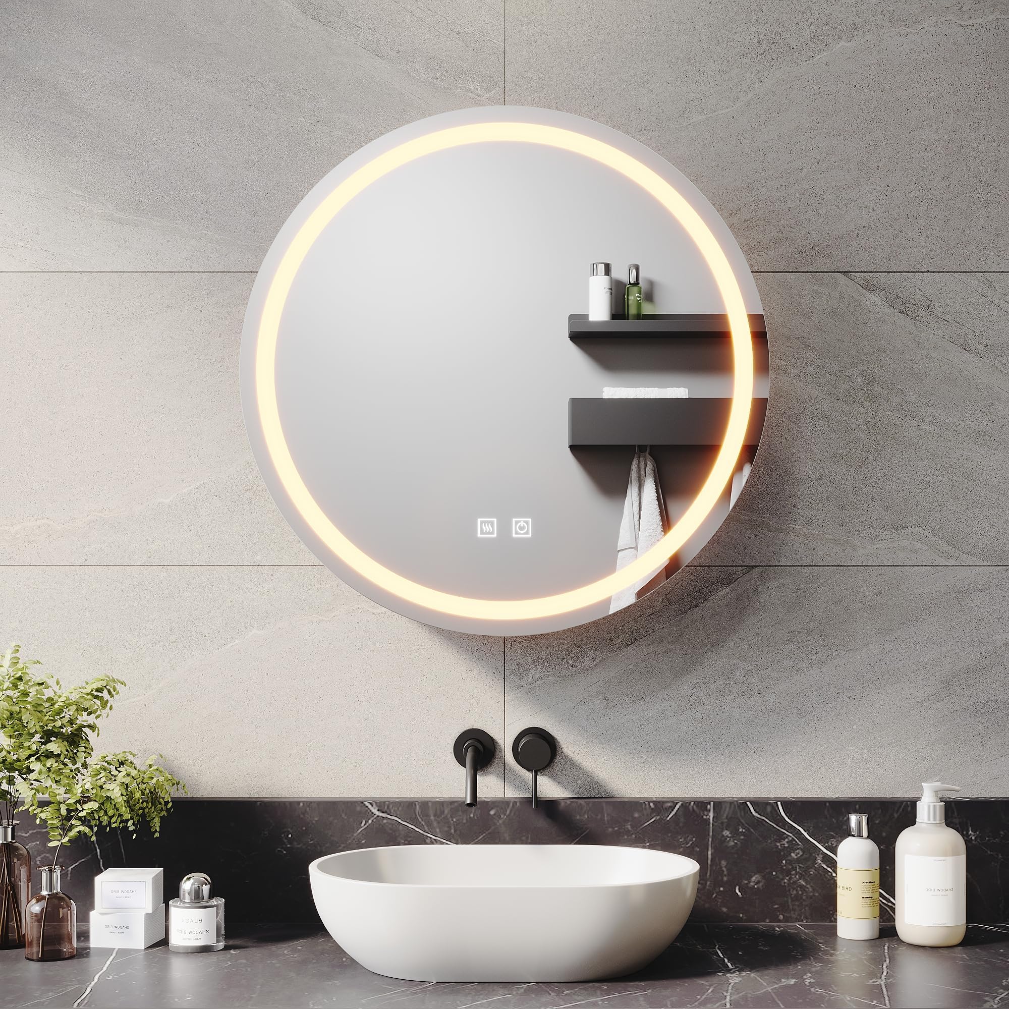 ELEGANT 600x600mm Round Illuminated LED Bathroom Mirror Cabinet with Shaver Socket Wall Mounted Mirror Cabinet with Three-Color Infinitely Dimmable Round Mirrored Cabinet with Demister Dark grey