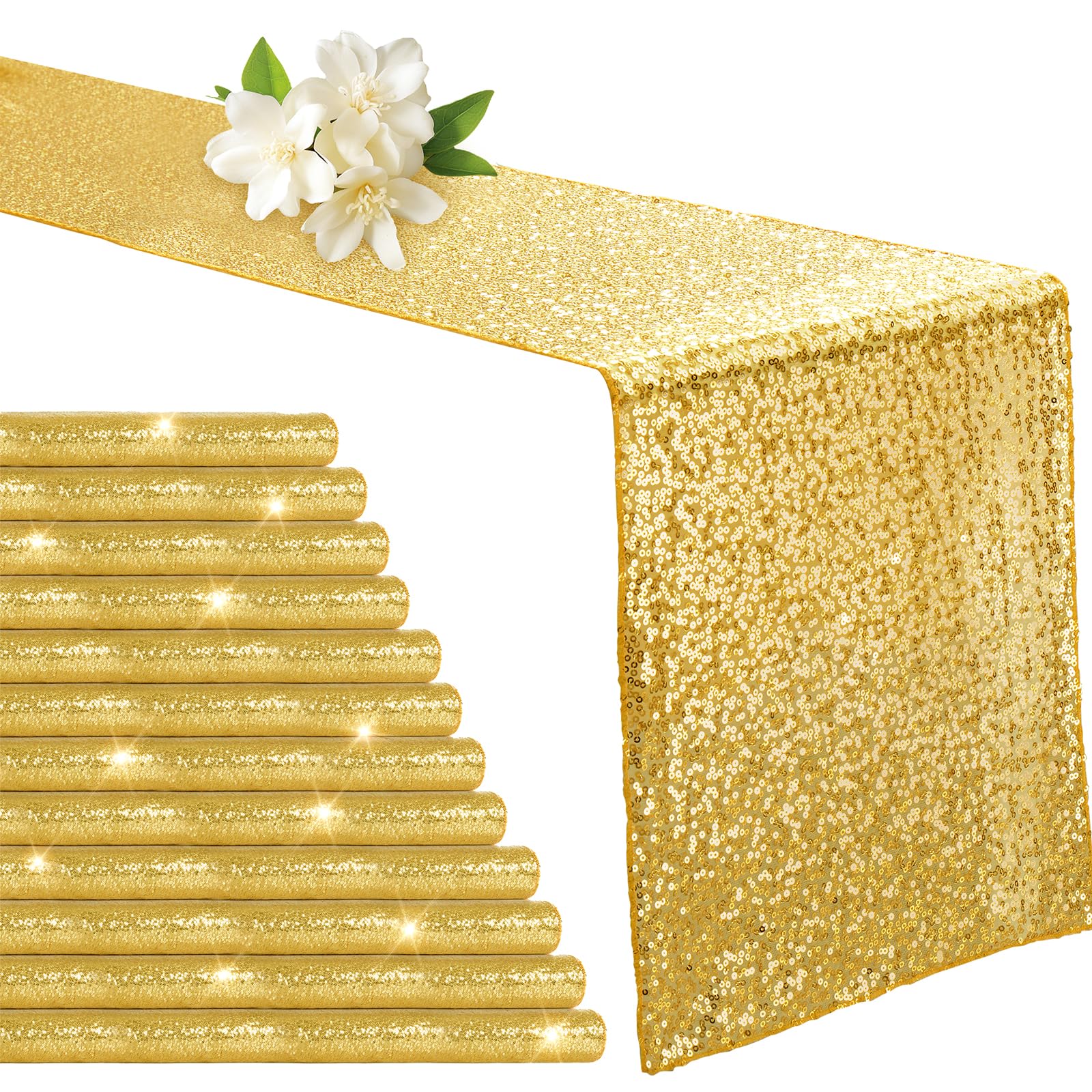 Aormenzy 12 Pack Gold Sequin Table Runner 12" x 72", Glitter Sparkle Sequin Runners for Birthday Party Wedding Banquet & Baby Shower, Party Table