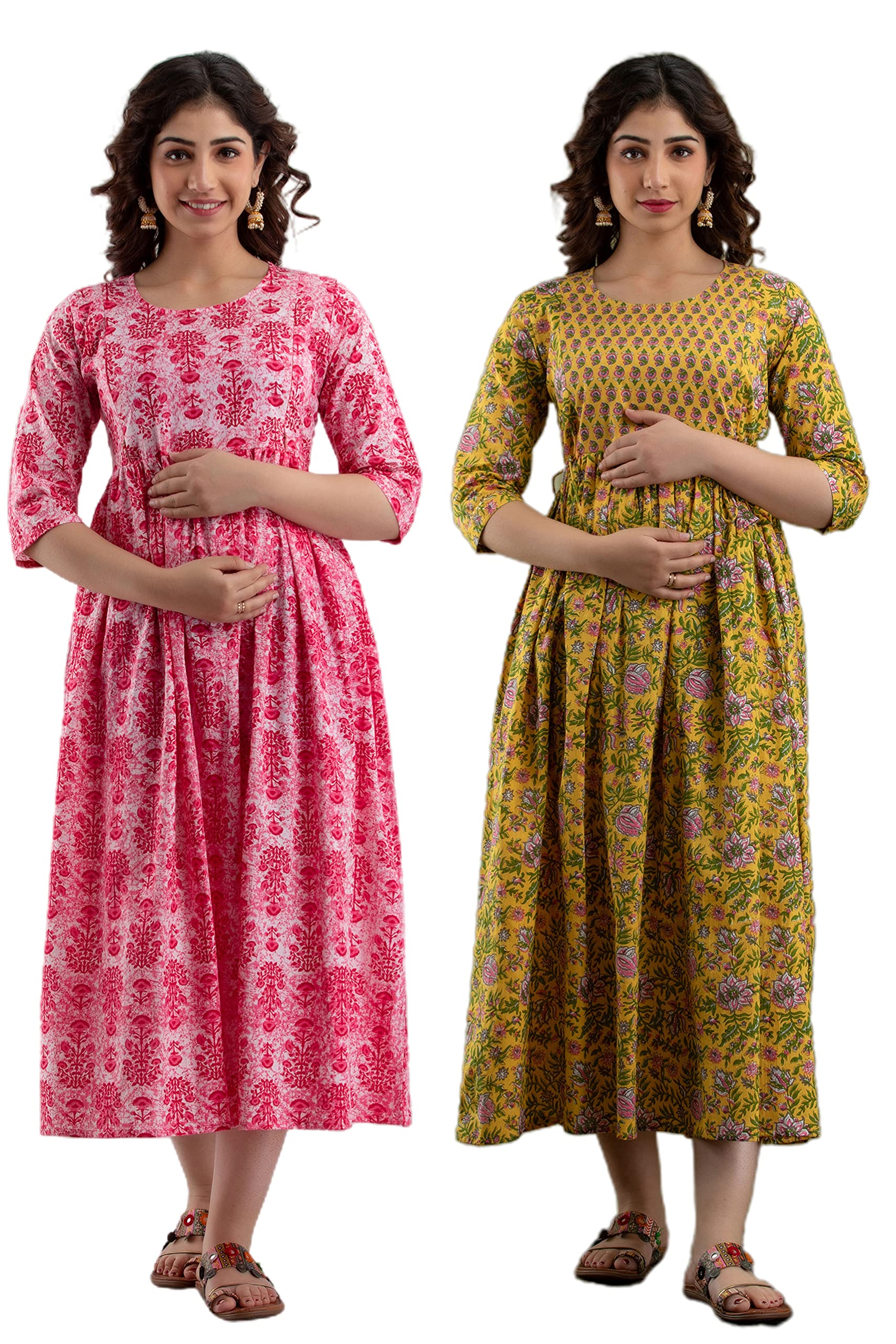 gm sara Women's Pure Cotton Printed Maternity Gown Feeding Nighty A-line Feeding Dress Kurti Gown for Women Pack of 2-picture-2