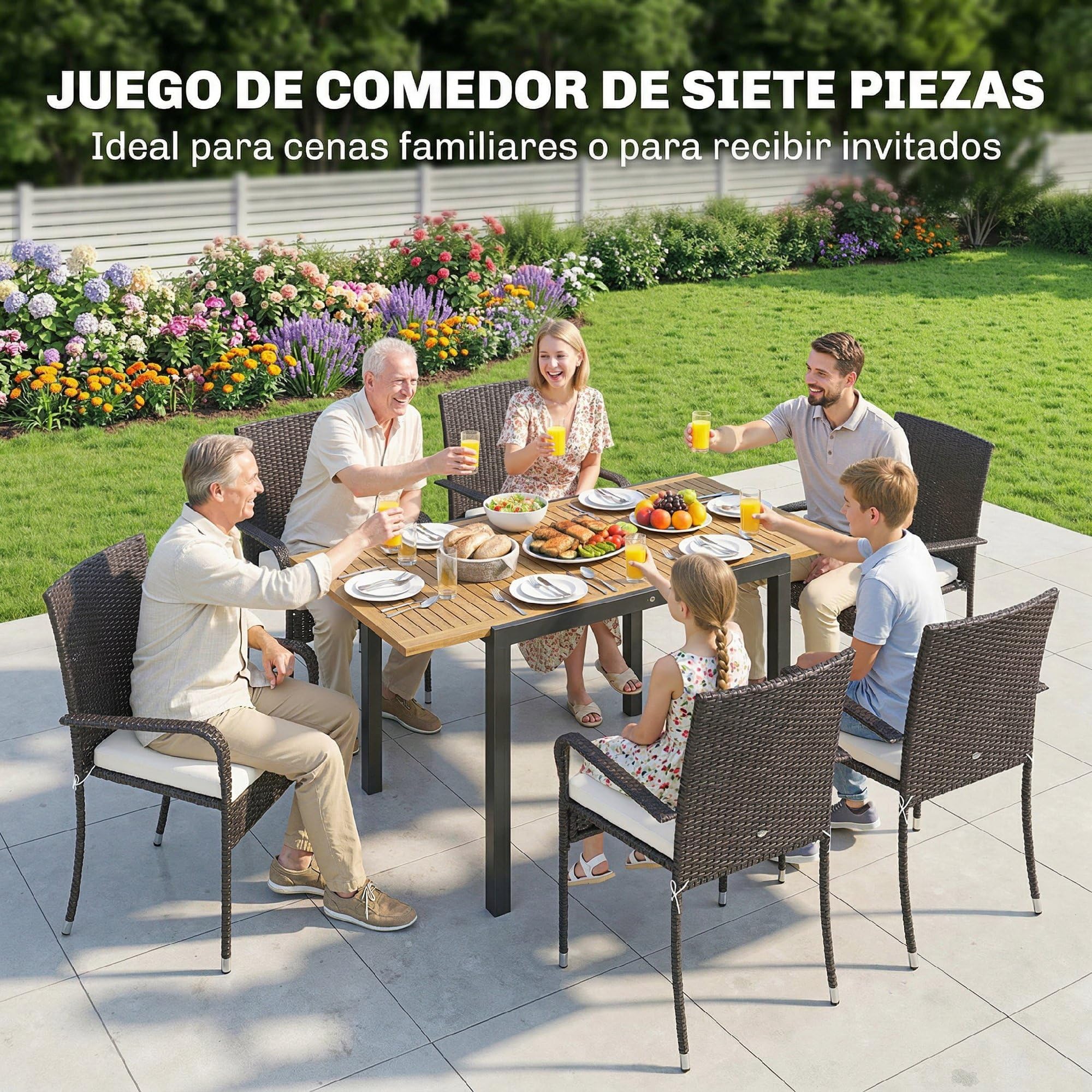 Outsunny Conjunto de Mesa y Sillas Jardín de Ratán de 7 Piezas, Crema | Mesa Extensible 100-150 cm Tablero Madera,6 Sillas Apilables,Cojines Extraíbles,Marco de Acero,Muebles Jardín Exterior