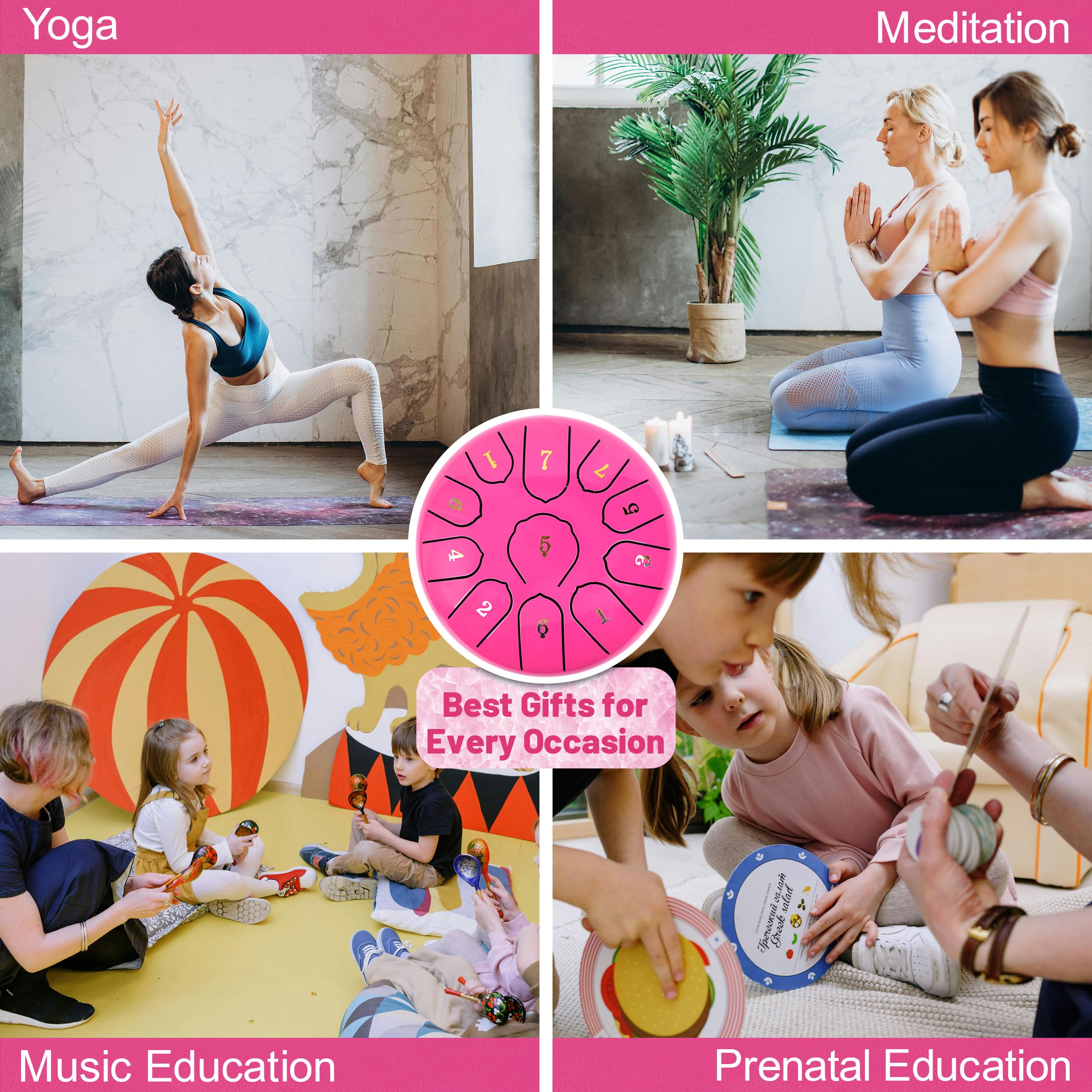 Regentrommel für Draußen Stahlzungentrommel Instrument für Yoga und Meditation - 6 Zoll 11 Töne C-Dur(Rosa)