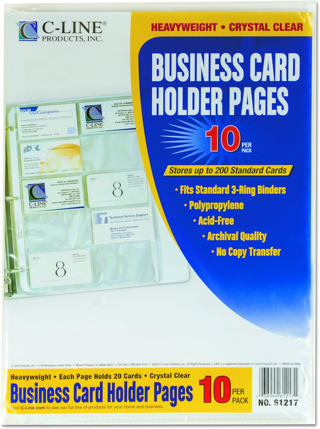 C-Line Business Card Holder Pages, Poly without Tabs, 20 Cards/Page, 11 x 9 Inches, 10 per Pack (61217) : Business Card Organizer : Office Products