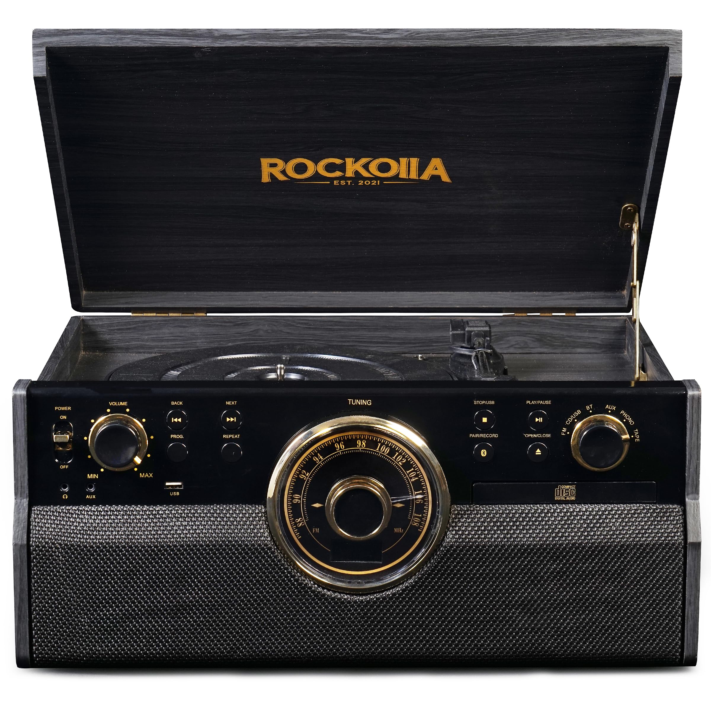 Giradischi Vinili Bluetooth Portatile | Altoparlanti Stereo Incorporati【3 Velocità】33/45/78 Giri, Vintage, Riproduzione MP3, Dischi, Radio FM, Cassette, CD, USB, Schede SD (Vanguard Black)