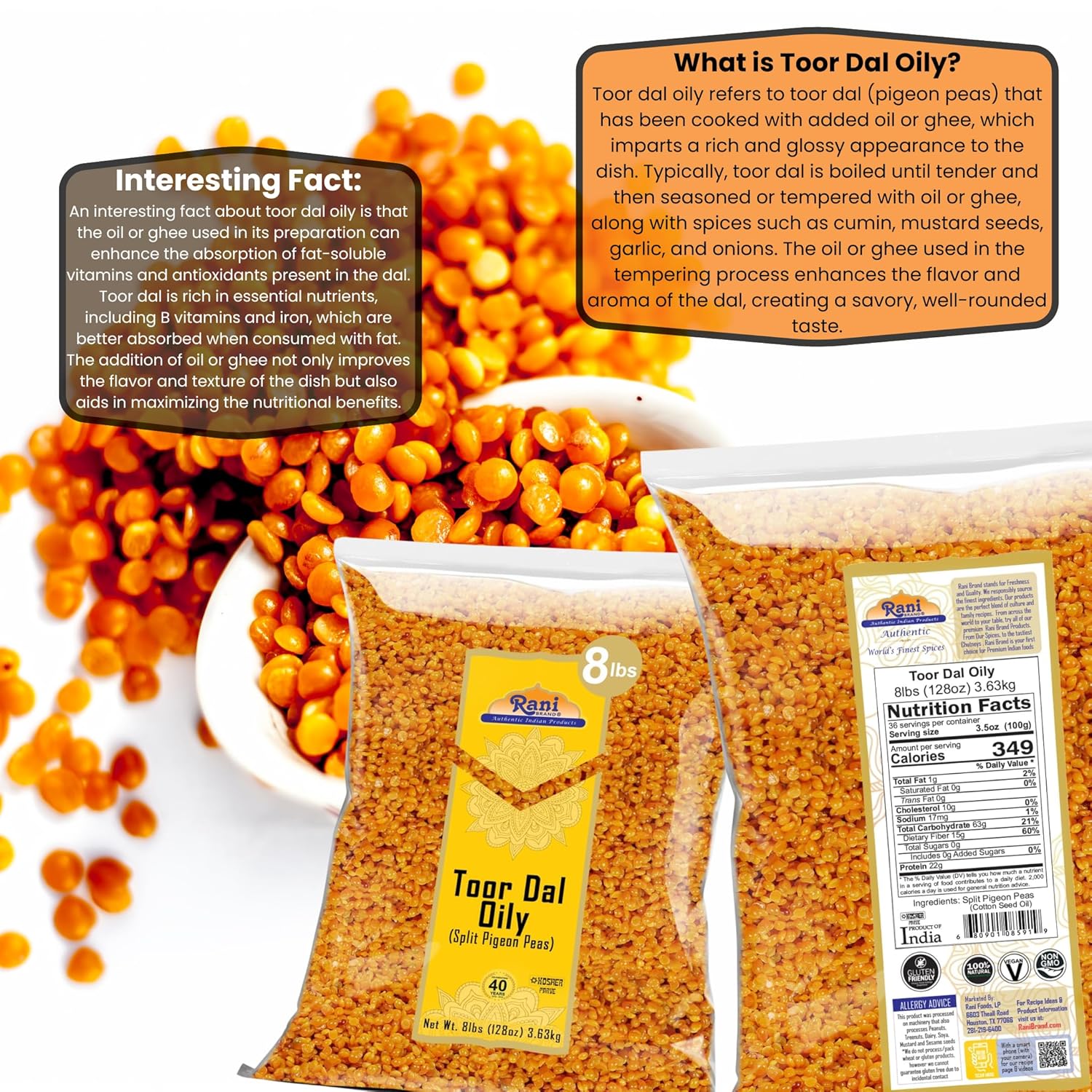 Rani Toor Dal (Split Pigeon Peas) Oily, 128oz (8lbs) 3.63kg Bulk ~ All Natural | Gluten Friendly | NON-GMO | Vegan | Indian Origin