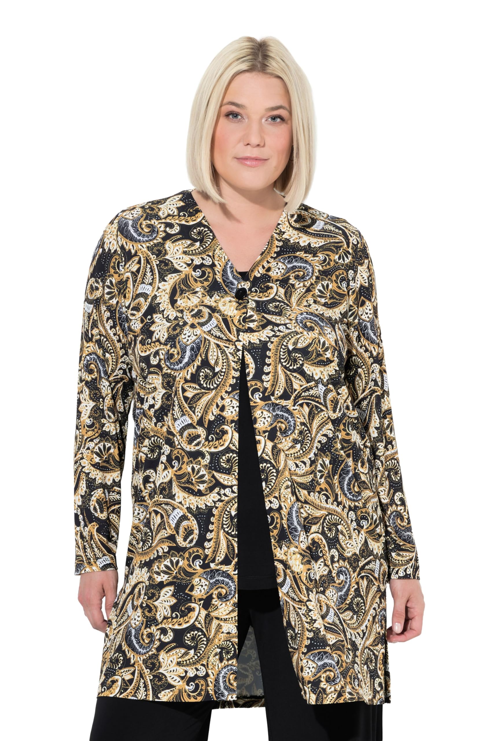 Ulla Popken Damen große Größen Übergrößen Plus Size Jerseyjacke, Paisleymuster, A-Linie, V-Ausschnitt, Langarm 844618