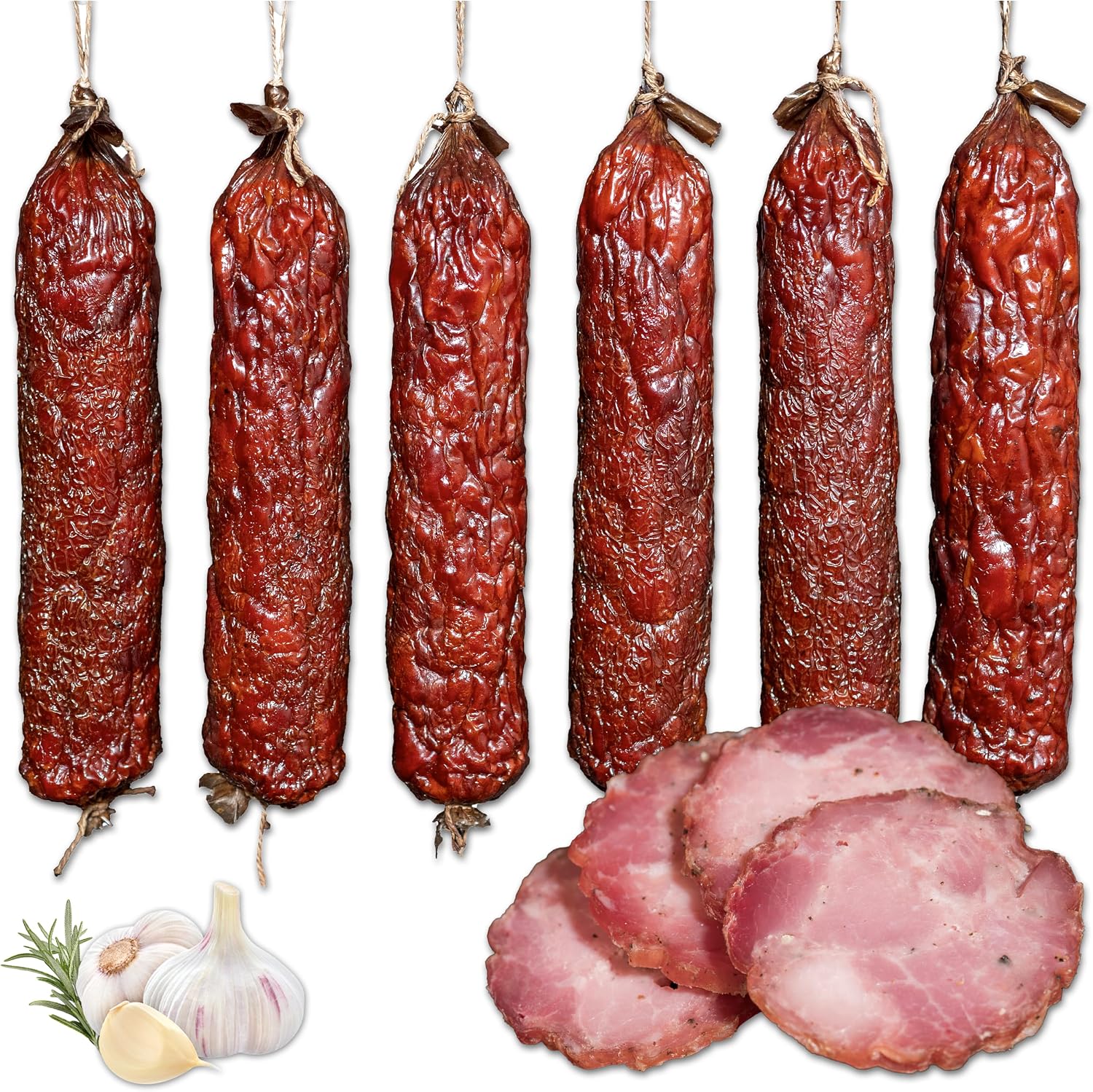 Bastion Smaku – Kiełbasa Swojska „Królewska” Sucha Wędzona 2 x 300 g | 2 sztuki po 300 g. Kiełbasa szynkowa z dużych kawałków mięsa, wędzona bukiem i olchą, podsuszana, z czosnkiem i pieprzem.