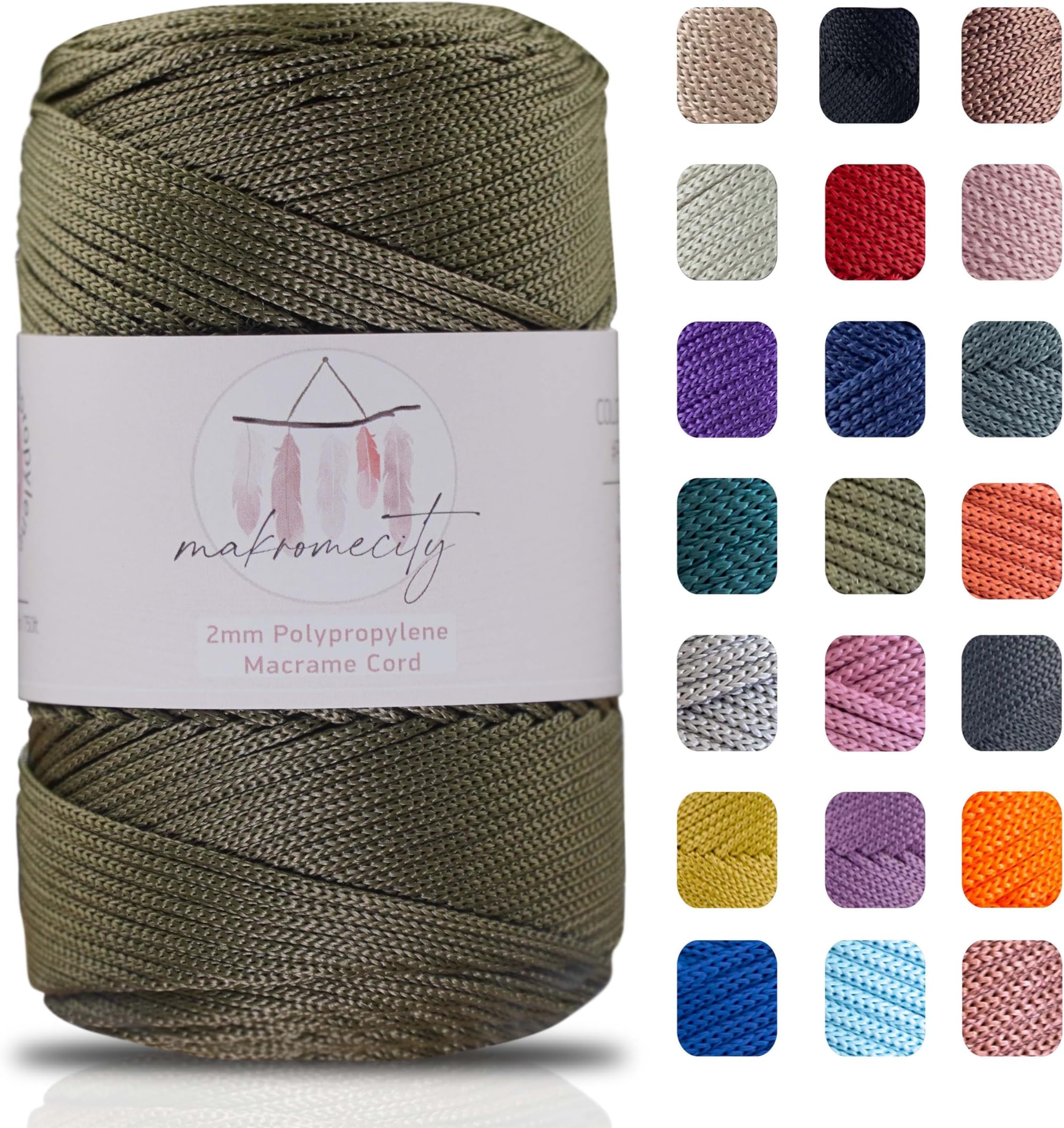 Makromecity Polyester Macrame Cord 2mm x 250 Yards (750 Feet) 2mm Polypropylene Olive Drab Macrame Cord Crochet Macrame Bag Cord for Craft Wall Hanging Bag Underplate Rug