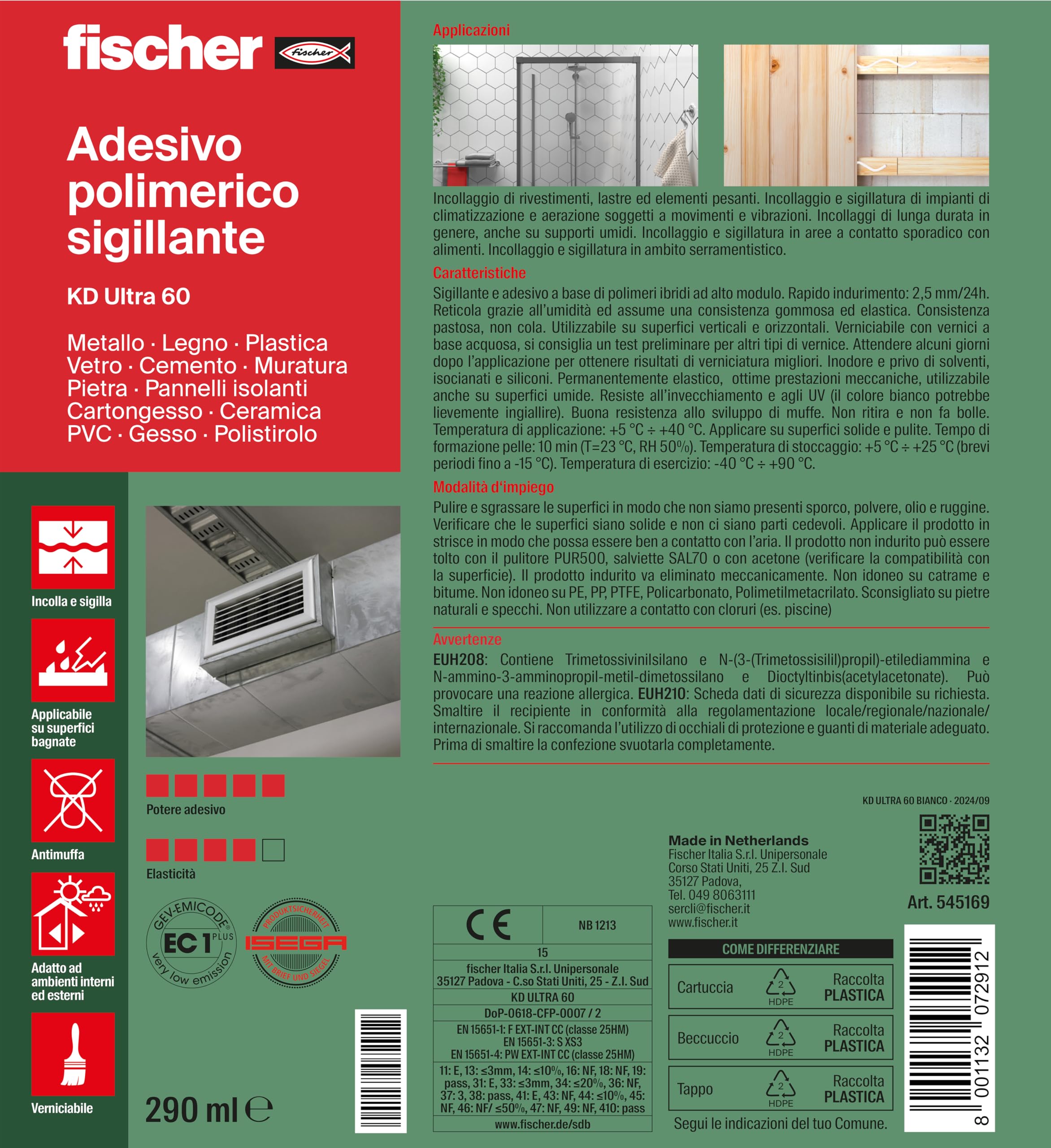 Fischer KD ULTRA 60 Bianco, Adesivo Polimerico Sigillante, Colla MS Extra Forte Resistente agli Agenti Atmosferici, per Giunzioni Resistenti nel Tempo Soggette a Movimento, per Esterni e Interni