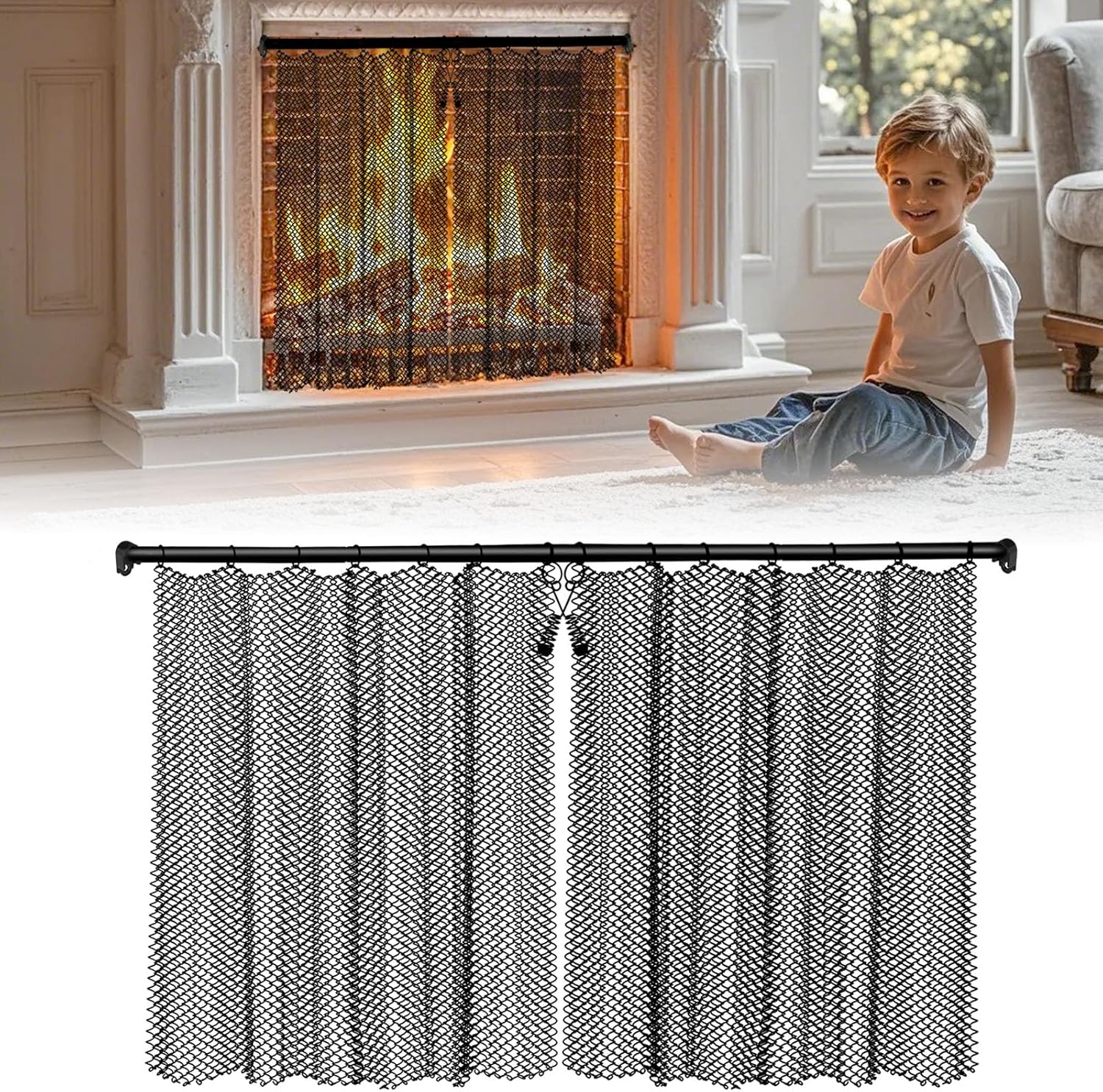 Fireplace Mesh Screen Curtain Kit with Adjustable Fireplace Curtain Rod, Adjustable Fireplace Screen Panels 19" H × 27.5" W Black Matte 19" H x 27.5" W)