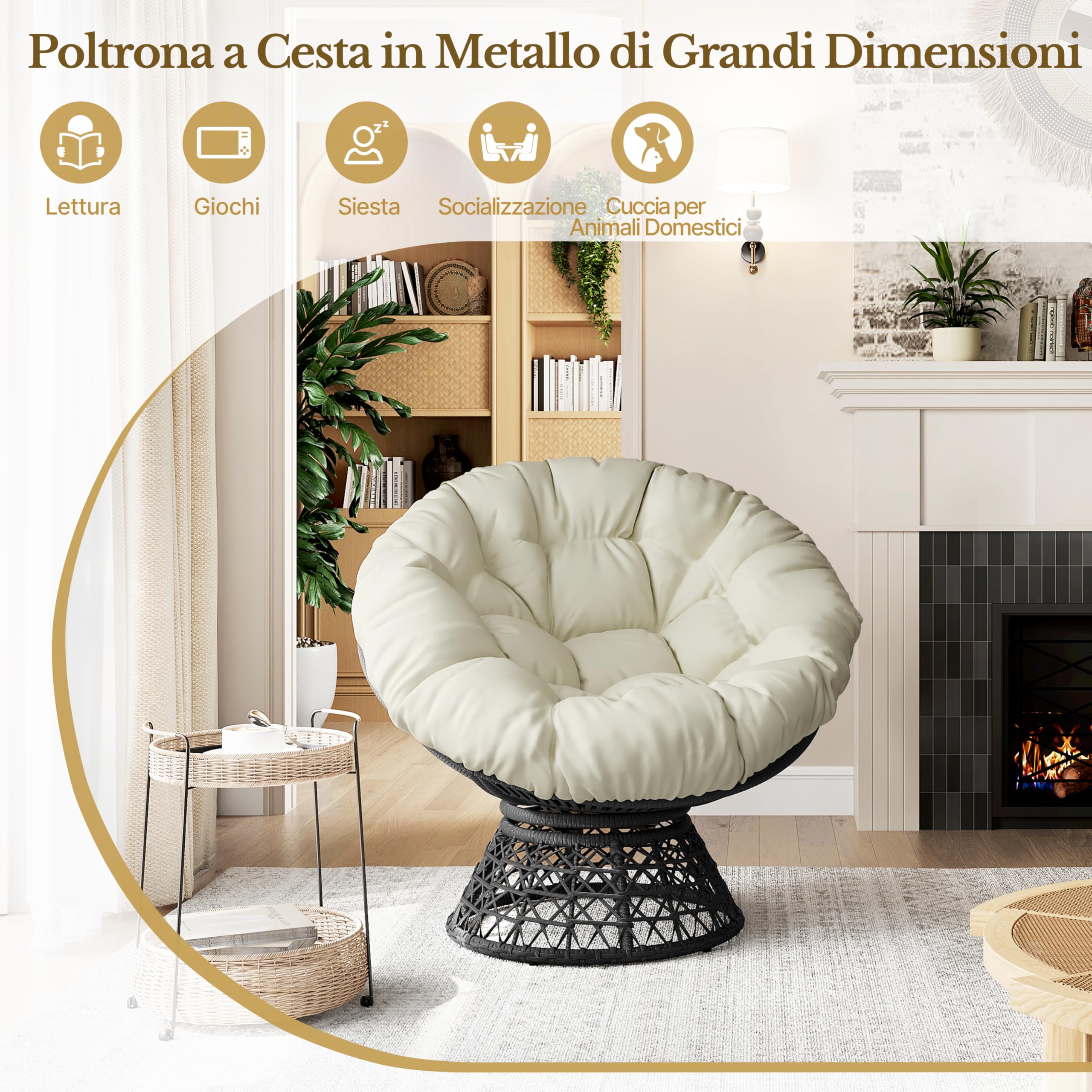Yaheetech Poltrona da Giardino Girevole 360° Rattan Sedia Dondolo Rotonda Papasan Cuscino Diametro 120 cm Nero/Beige