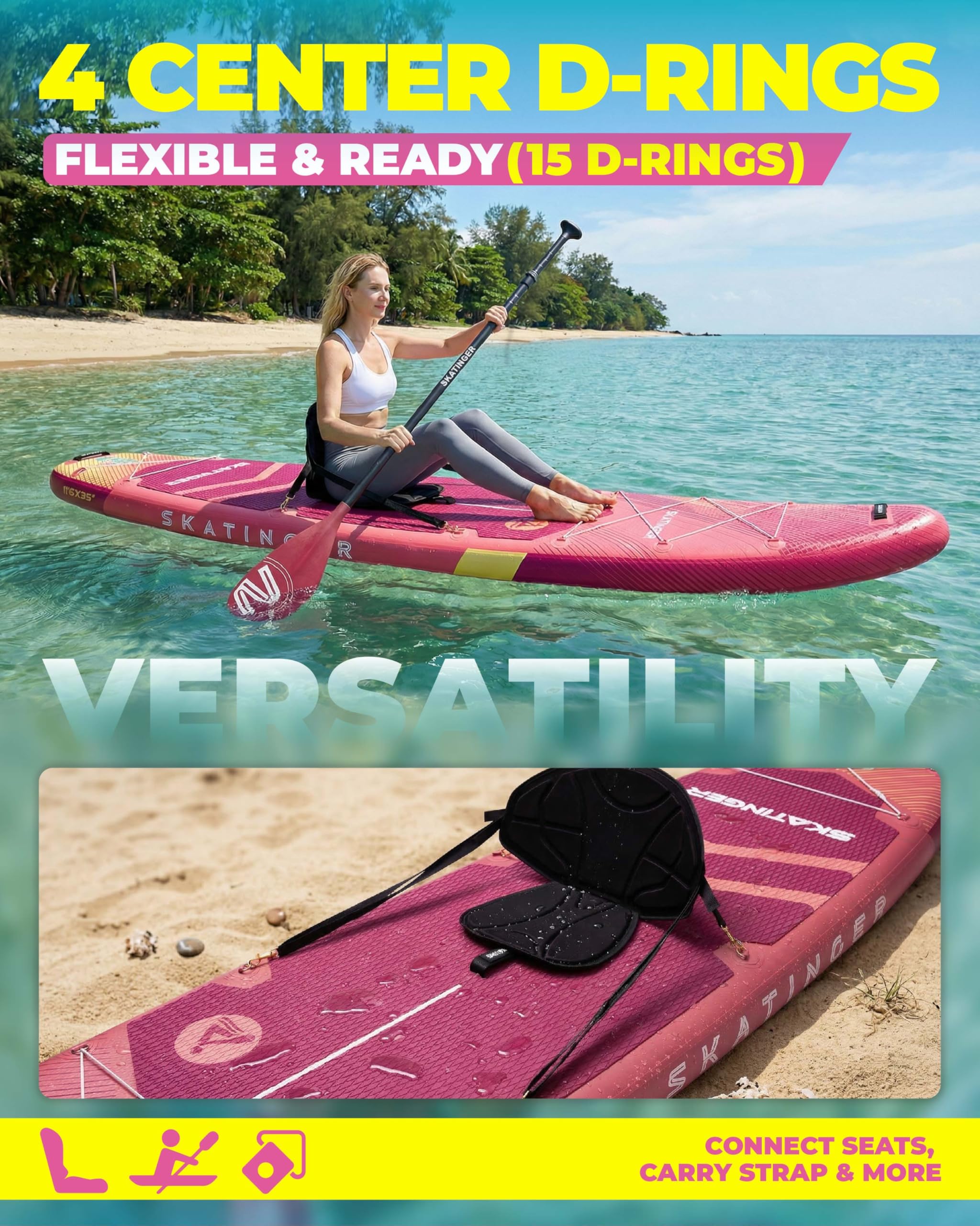 Skatinger Tavole gonfiabili per stand up paddle, 28 x 86 x 15,2 cm, tavola da SUP gonfiabile, tavola da yoga con zaino 1600D, 6 anelli a D extra, tracolla, pinna centrale degli Stati Uniti, pompa a 2
