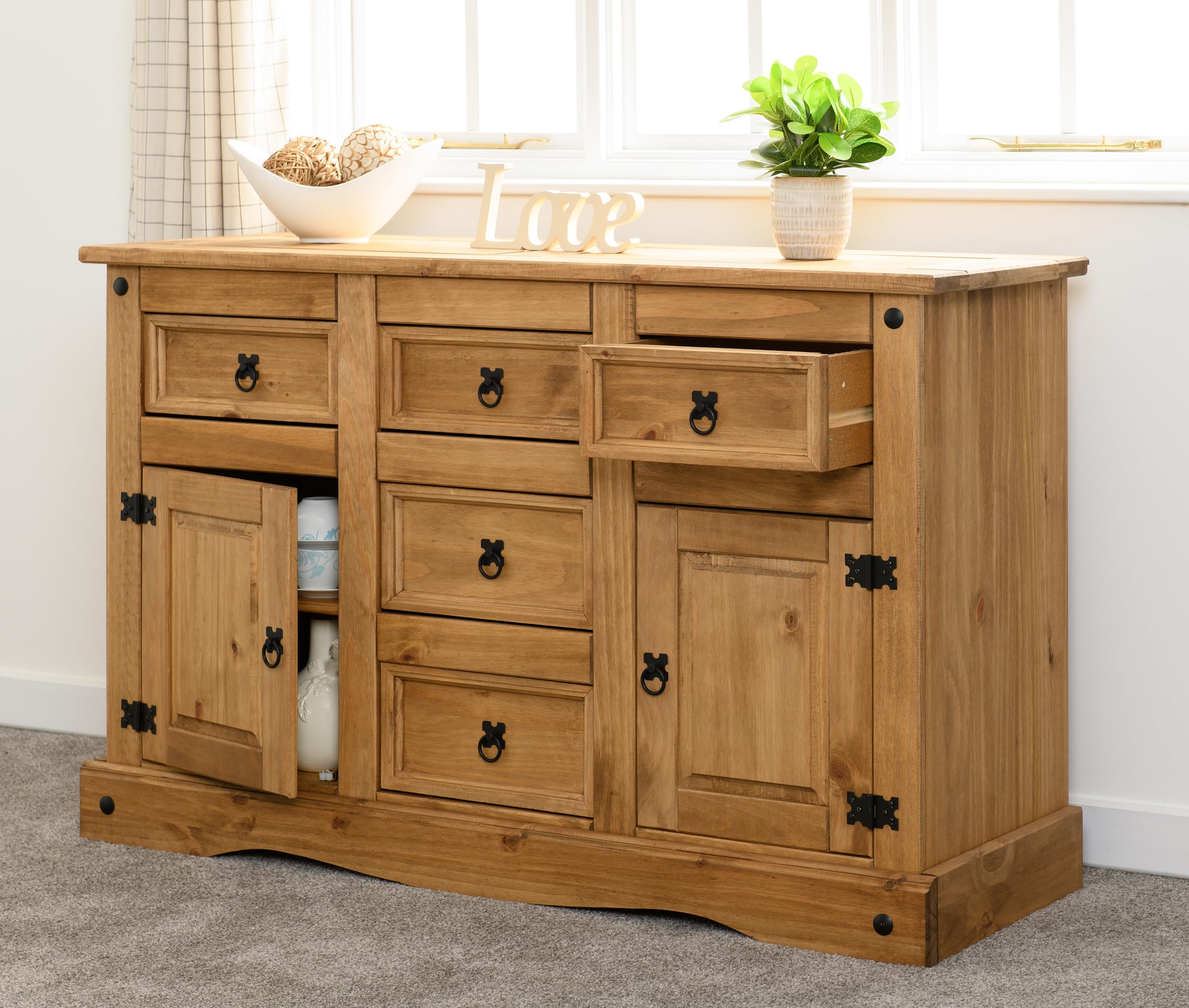 Seconique - Sideboard - Distressed Waxed Pine - 2 Door 5 Drawer