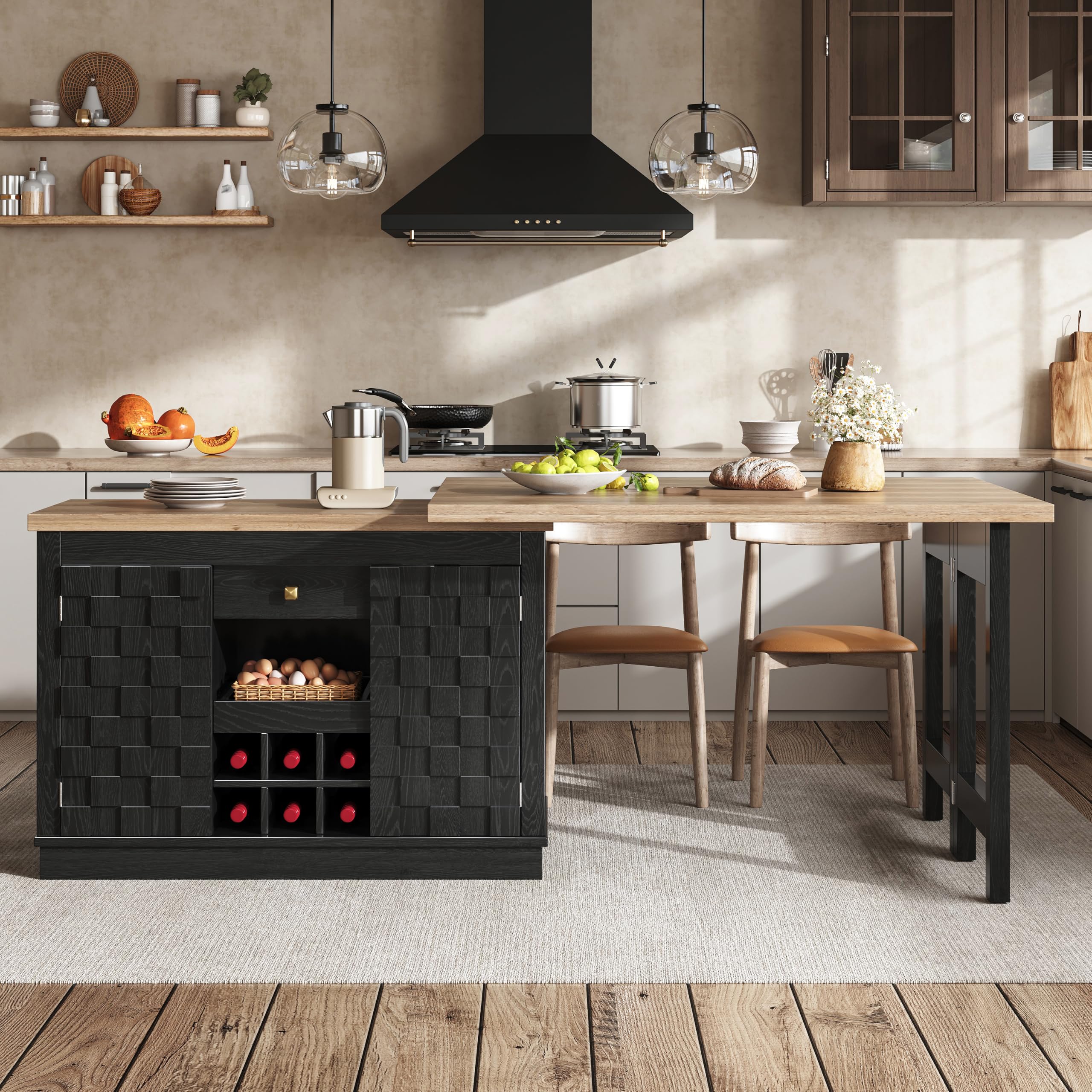 Isla de cocina giratoria 360°, armario lateral 120-197 cm con puertas de patchwork, botellero extraíble y cajones, 2 colores (roble claro/negro)
