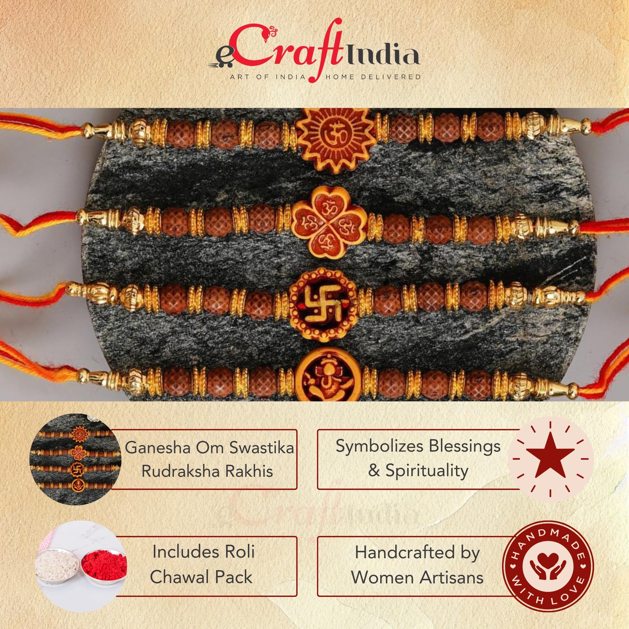 eCraftIndia Set of 4 Brown & Orange Religious Ganesha, Om, Swastika, Rudraksha Rakhis with Roli Chawal Pack and Best Bro Ever Fridge Magnet - Rakhi for Brother, Bhaiya, Bhai 2