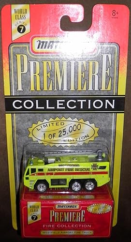 1996 MATCHBOX PREMIERE COLLECTION Serie Mundial Serie 7 Edición Limitada 1 de 25.000 Camión de Bomberos Amarillo del Aeropuerto de Westfield
