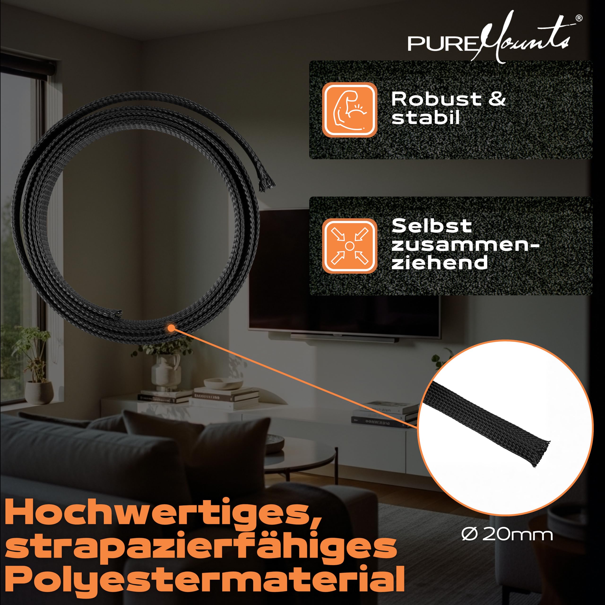 PureMounts PM-SOCKS-20B-50 Gaine de câble Universelle en Polyester, Auto-rétractable, avec Fermeture Velcro, Ø 20 mm, Rouleau de 50 m, Noir