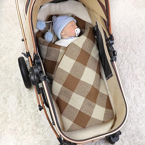 Miniatura 2 de LAWKUL Mantas de ganchillo café para bebé, manta de punto trenzado celular para recién nacidos, manta de cuna para niños y niñas, mantas de género