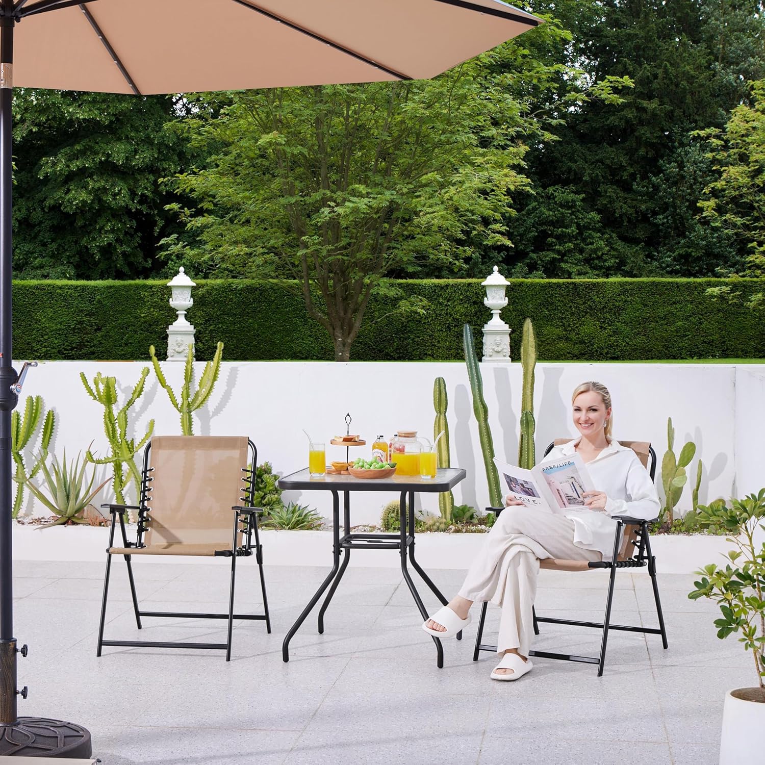 Yaheetech Patio Dining Chairs Set of 2 with Armrests and Backrests, Outdoor Texteline Folding Chairs All Weather for Garden, Lawn, Porch and Backyard, Beige