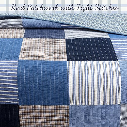 Miniatura 10 de Cozy Line Home Fashions Juego de ropa de cama reversible de 100% algodón a rayas azul marino, colcha (Preston, Queen, 3 piezas)