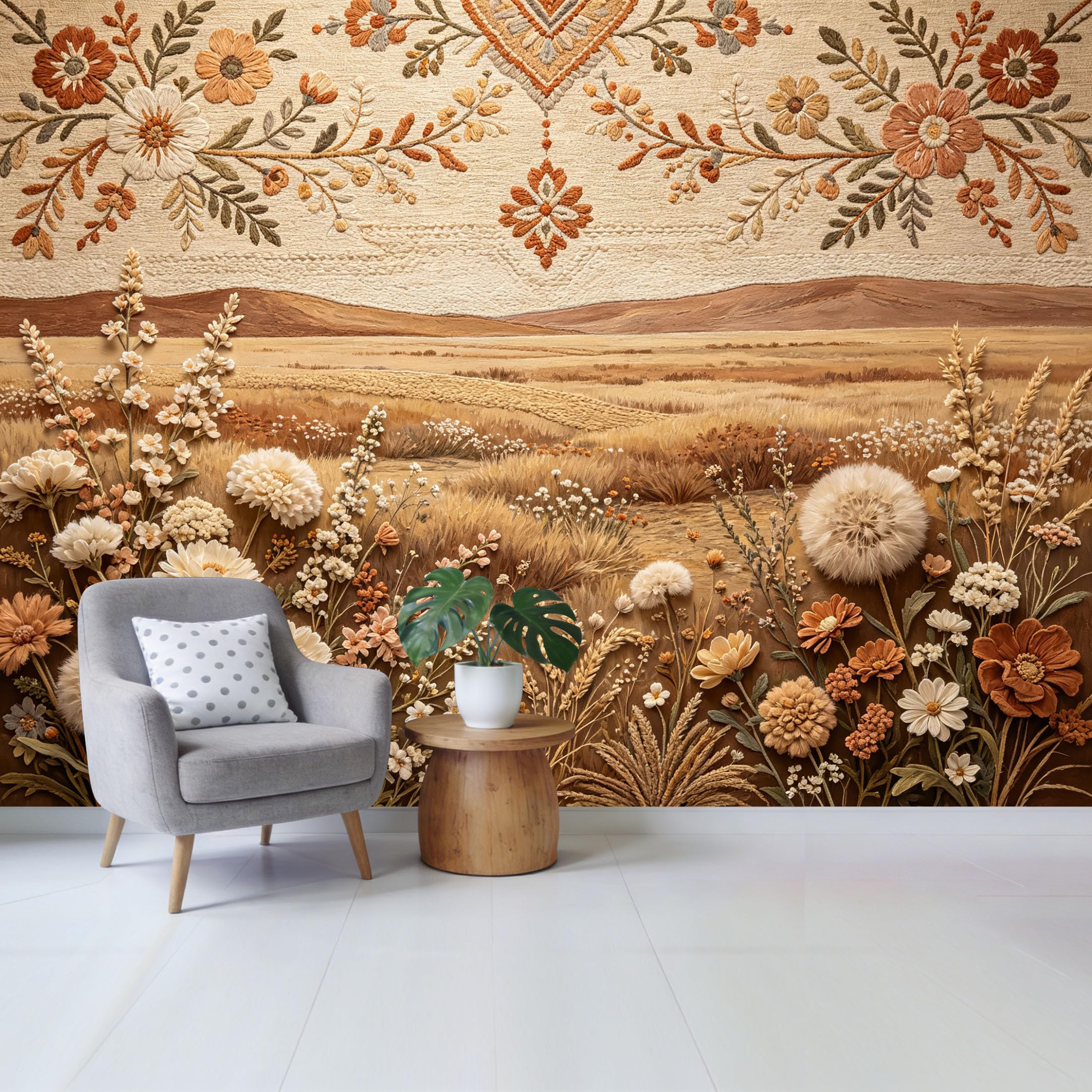 Qzlithotic Yq2605251248 Custom Size Wall Mural Embroidered Prairie Landscape Wildflower Meadow Textured Botanical Selfadhesive Wall Fabric Removable Wallpaper For Home Office Decor