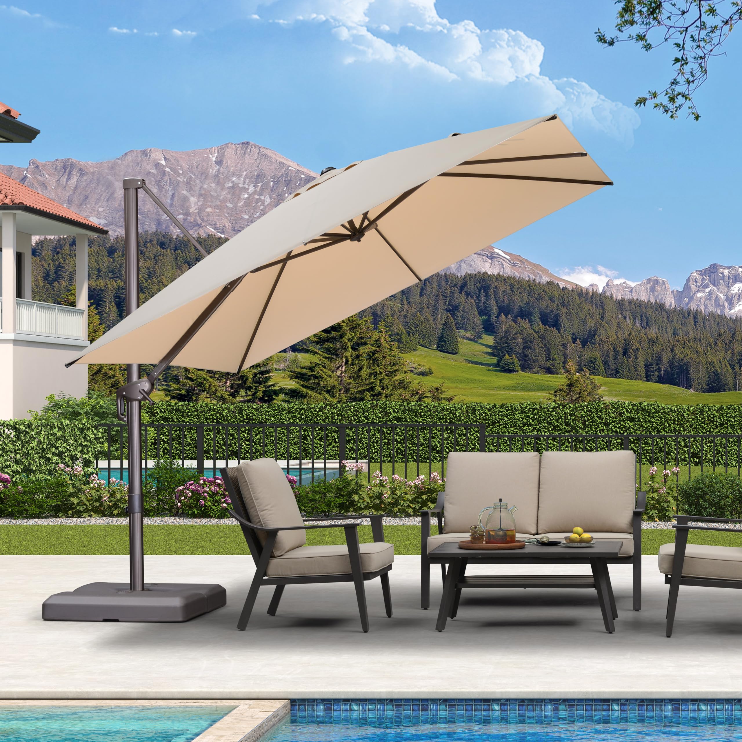 PURPLE LEAF10 Feet Patio Cantilever Umbrella Square Outdoor Umbrella with 360° Rotation and Aluminum Offset Hanging for Garden Backyard Pool, Beige