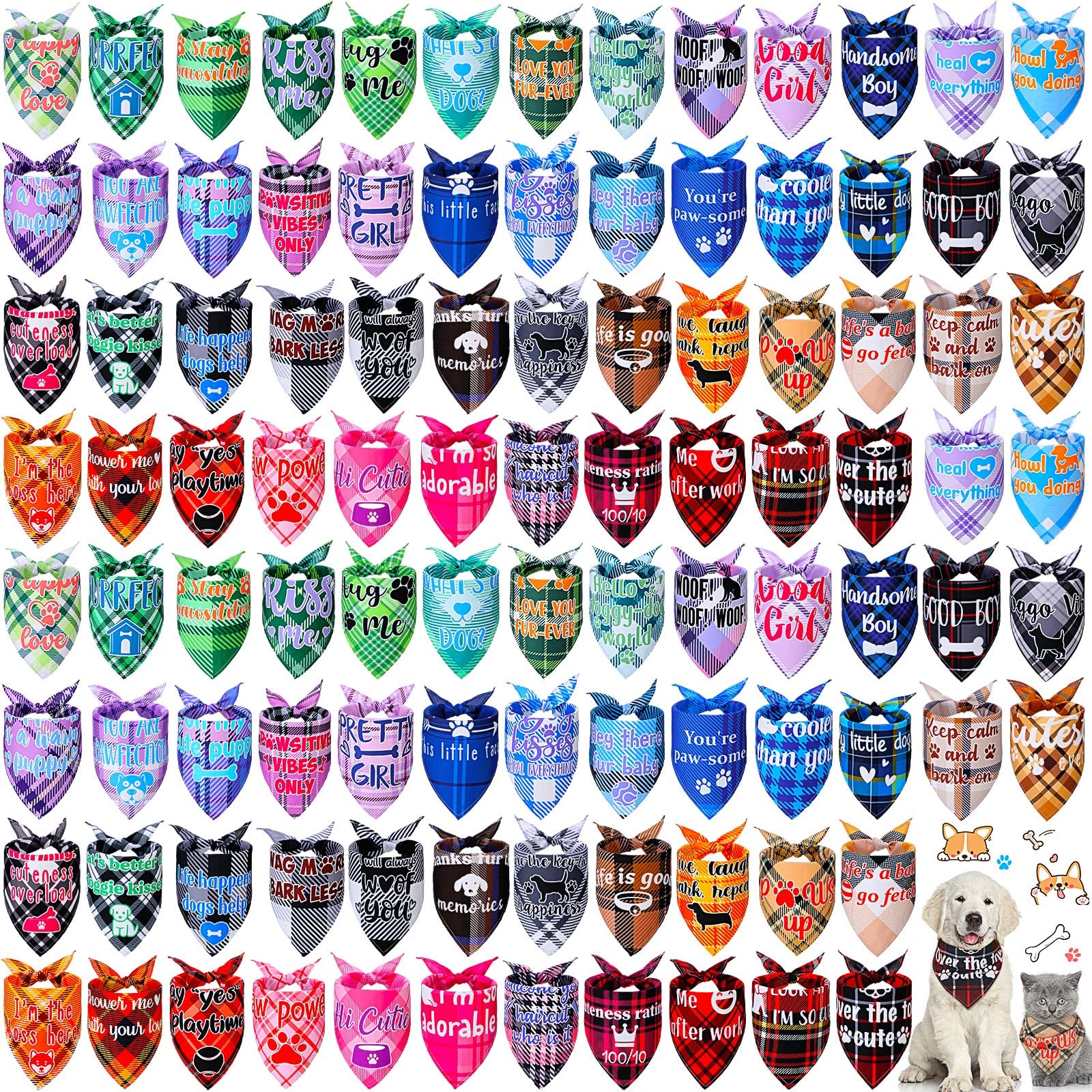 Sweetude 100 bandanas a cuadros para perro, a granel, lindas bufandas para perros, baberos para cachorros, mascotas, bandanas ajustables para perros y gatos, bufanda triangular lavable, pañuelo para