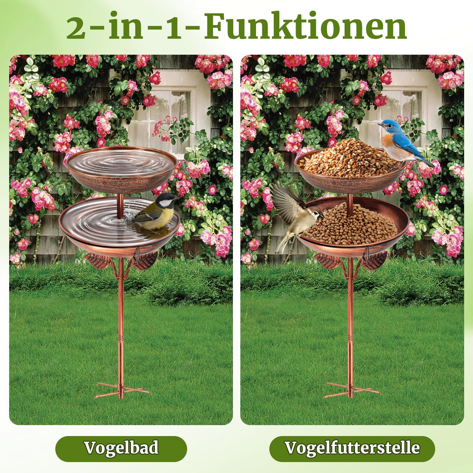 ZYNERY Metall Vogeltränke Stehend, 115cm Vogeltränke Winterfest, 2 In 1 Vogelbad für Draußen Garten, Antike Vogelfutterspender Wassertränke für Balkone, Innenhof, Garten