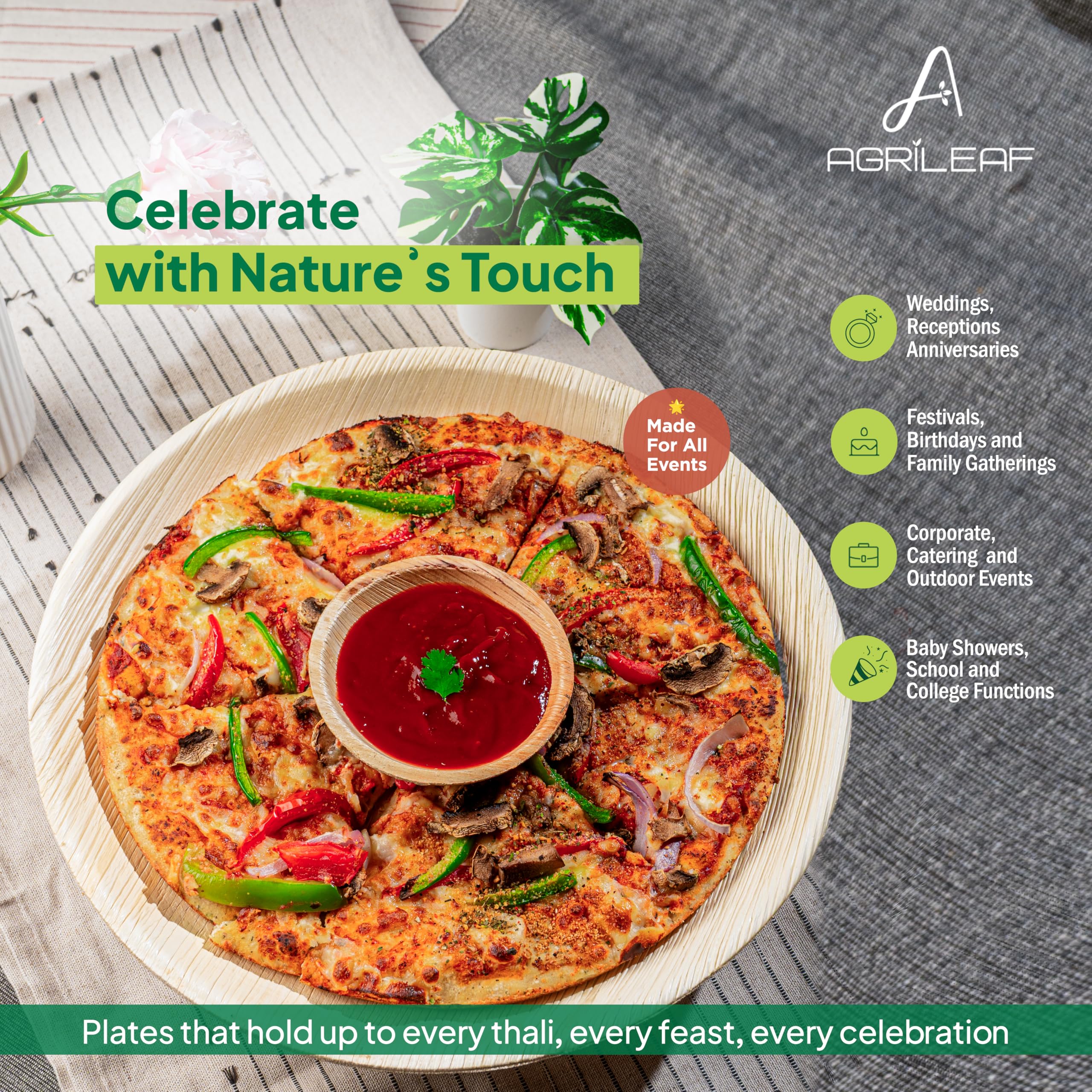Areca Palm Leaf Dinnerware Set | 60 Pack for 12 Guests | 10" & 6" Round Plates, 5" Round Bowls & Wooden Cutlery | Use & Throw | Sturdy & Eco-Friendly Tableware for Party, Wedding, Birthday — Amazon image 5