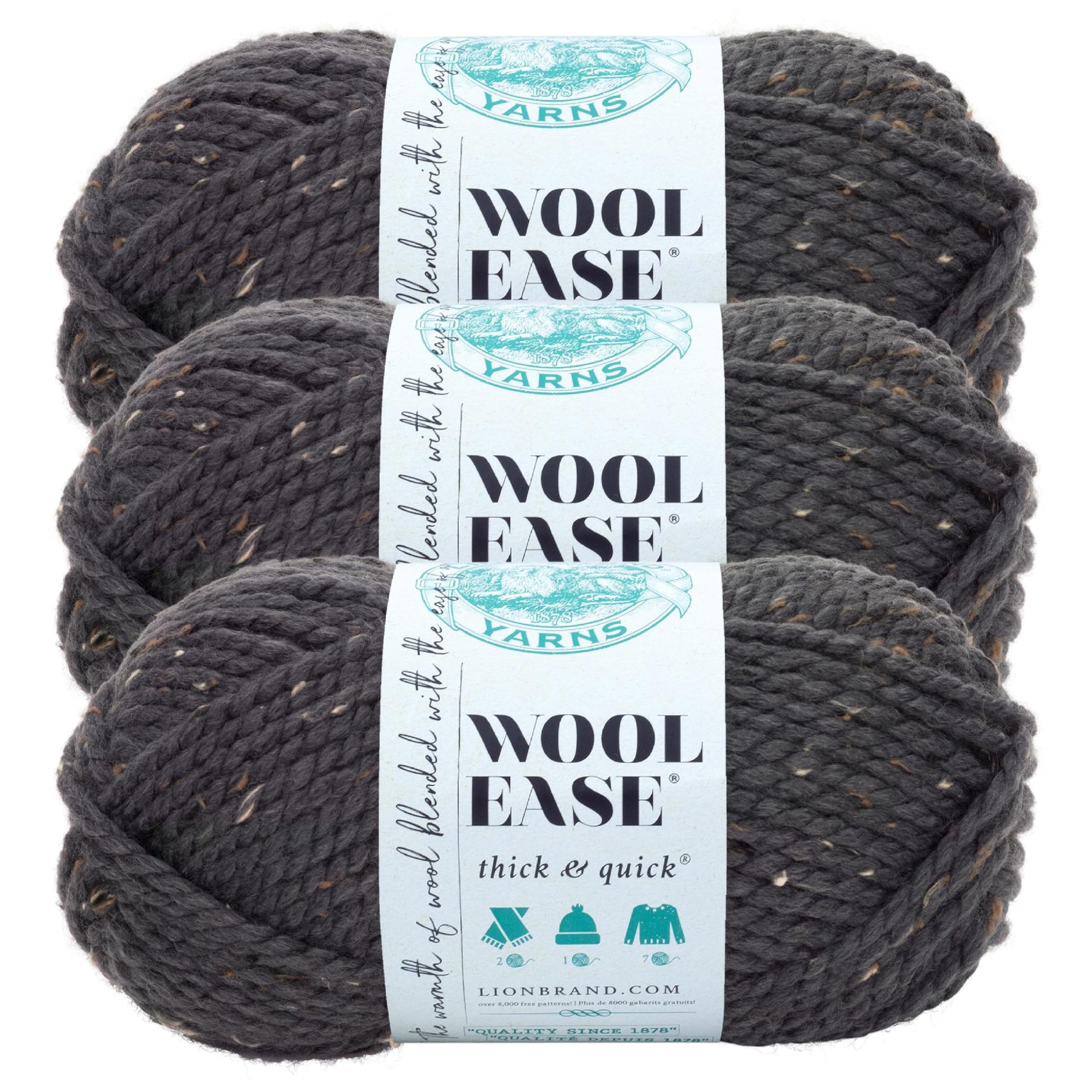 Lion Brand Yarn, Wool-Ease Thick &amp; Quick Yarn, Graphite, Gray Tweed, 3 Pack