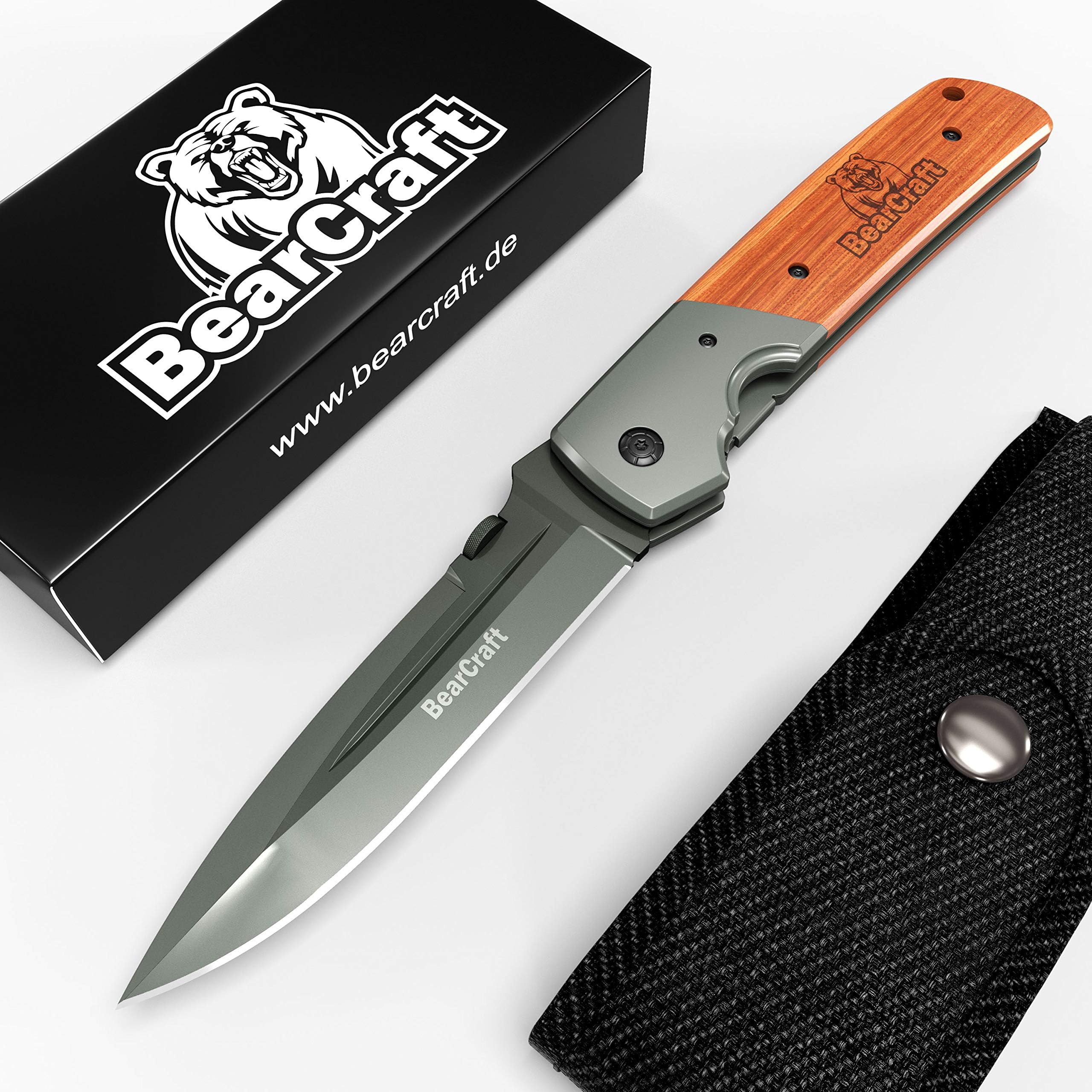BearCraft Folding Knife Extra Long Inclusive **Free eBook** | Sharp Outdoor Survival Pocket Knife | Large One-Hand Knife with Titanium Blade and Wooden Handle | Can be Used for Work Hiking Camping